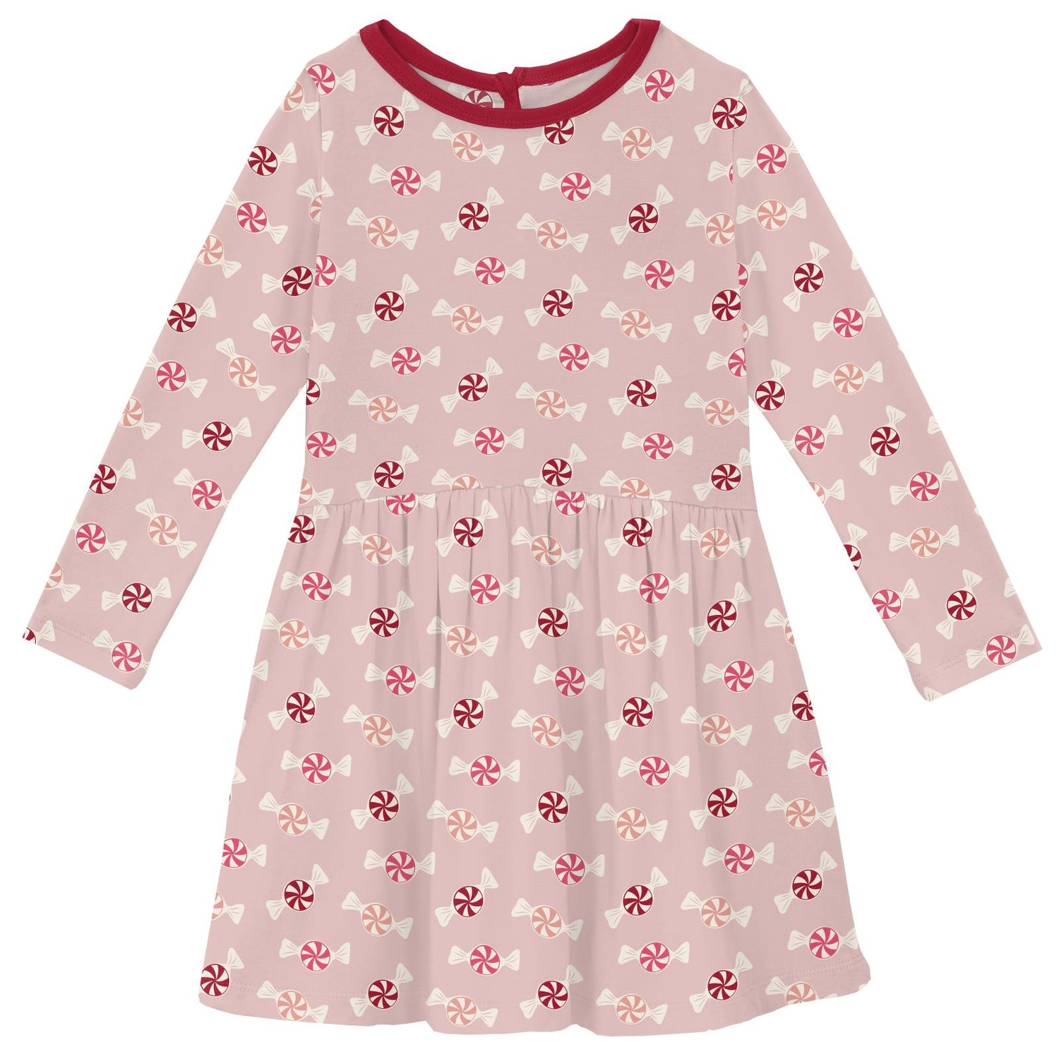 Print Long Sleeve Twirl Dress with Pockets in Baby Rose Peppermints