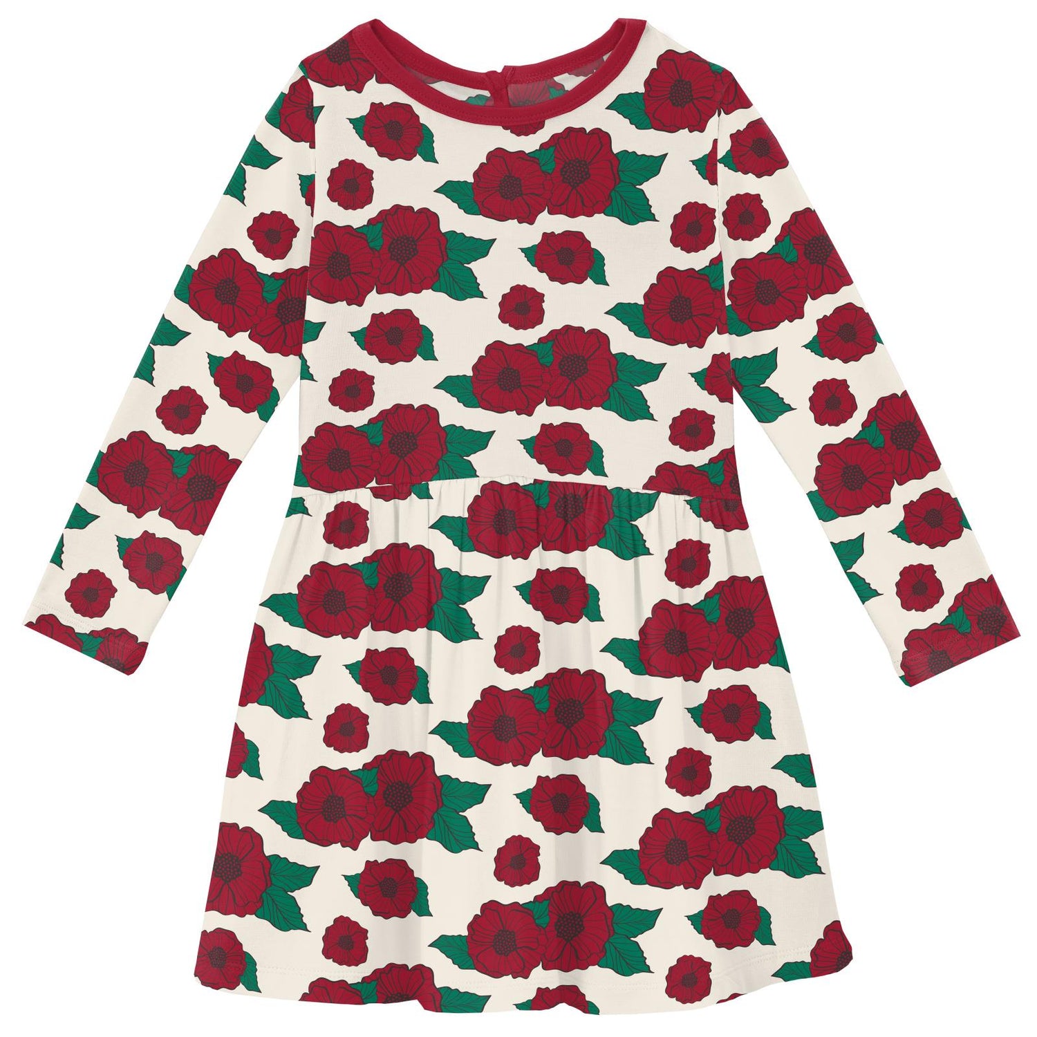 Print Long Sleeve Twirl Dress with Pockets in Holiday Poppies