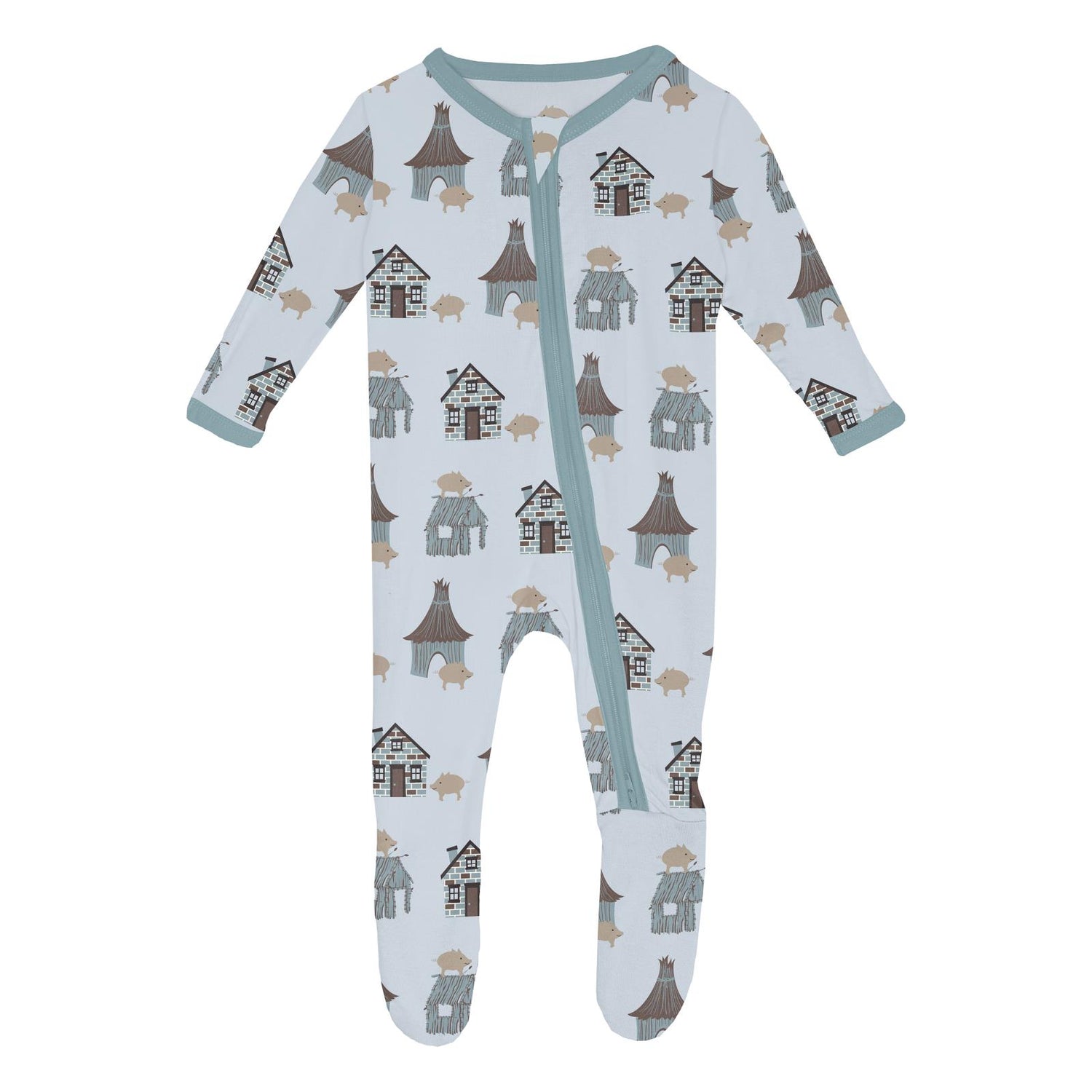 Print Footie with 2 Way Zipper in Illusion Blue Three Little Pigs