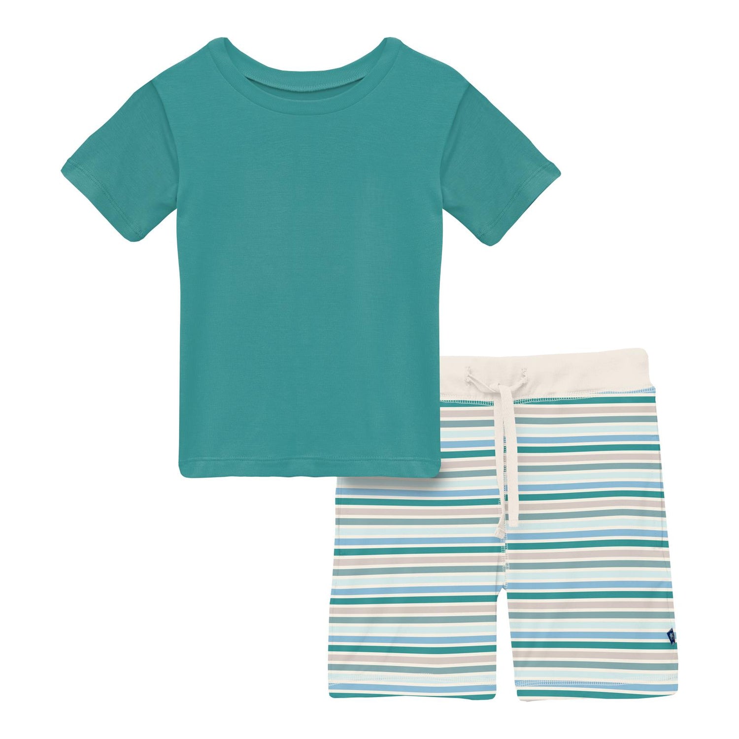 Print Short Sleeve Crew Neck Tee and Lightweight Drawstring Shorts Set in Lakeside Stripe