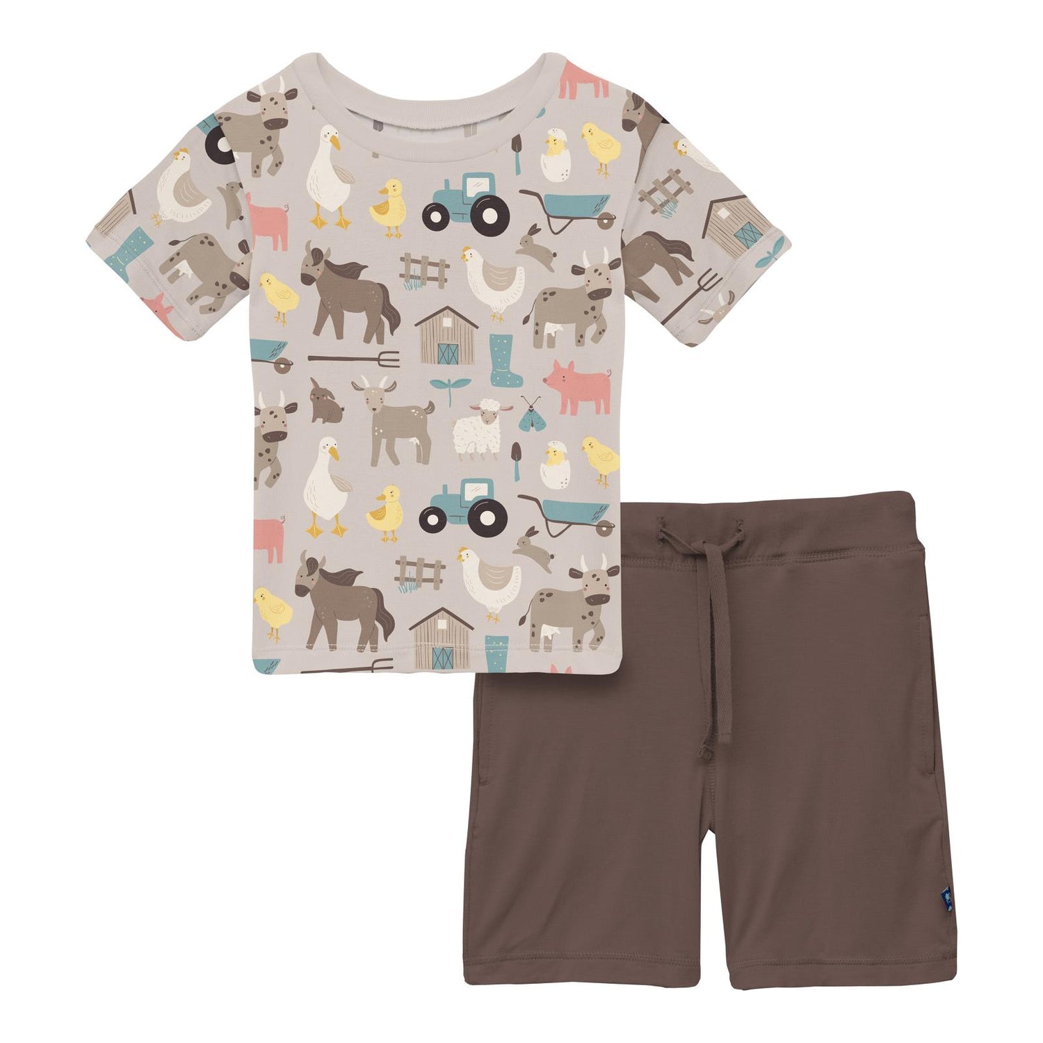 Print Short Sleeve Crew Neck Tee and Lightweight Drawstring Shorts Set in Latte Morning on the Farm (314723)