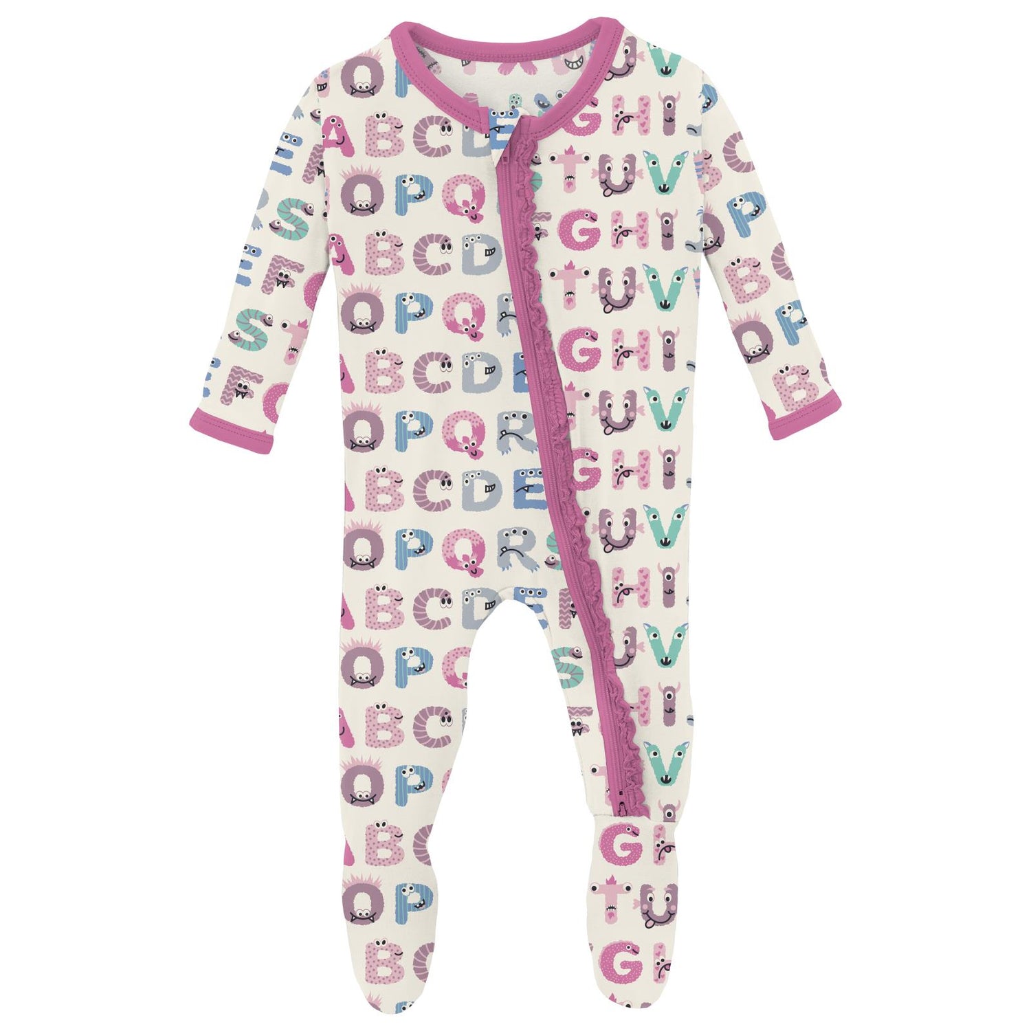 Print Muffin Ruffle Footie with 2 Way Zipper in Natural ABC Monsters