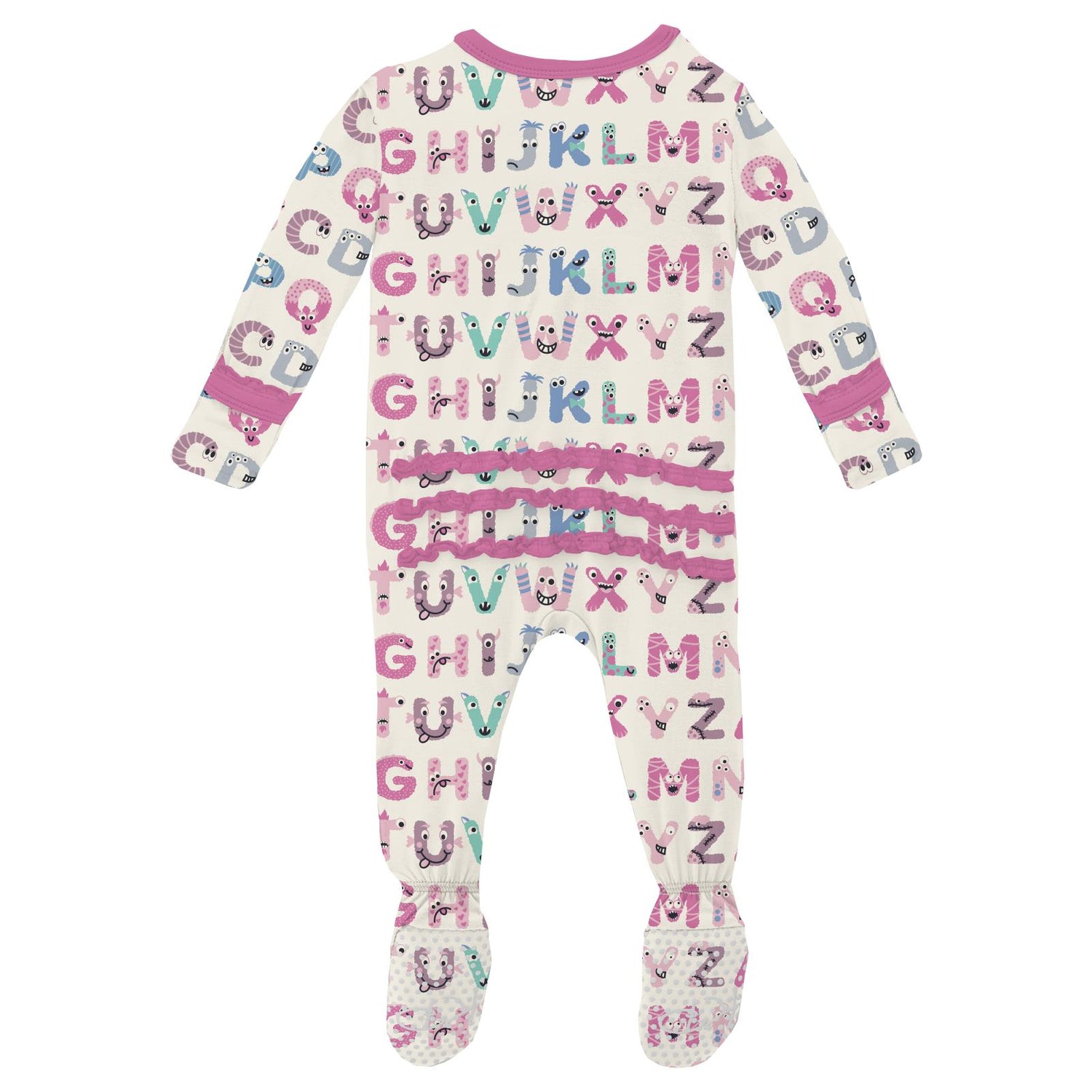 Print Muffin Ruffle Footie with Snaps in Natural ABC Monsters