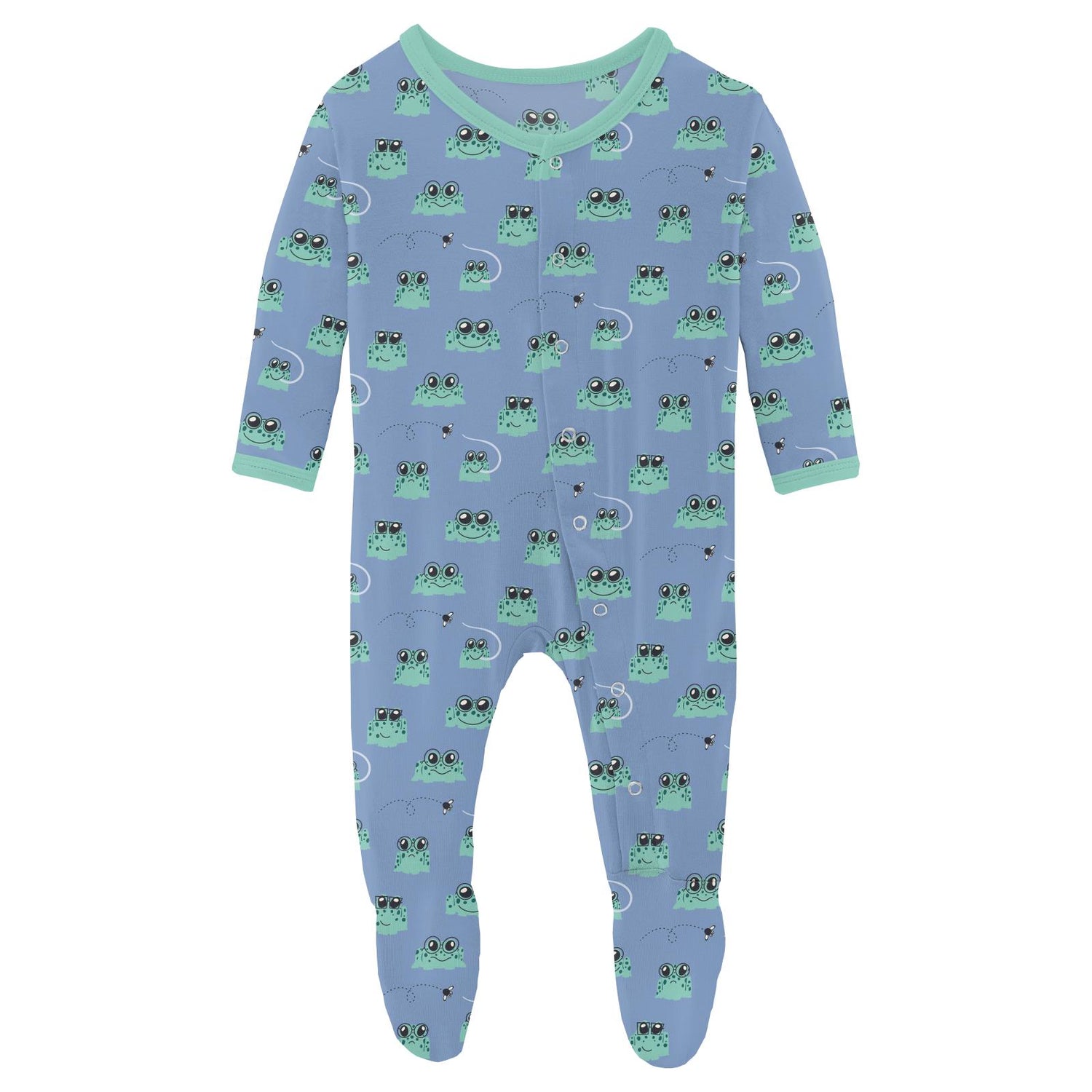 Print Footie with Snaps in Dream Blue Bespeckled Frogs