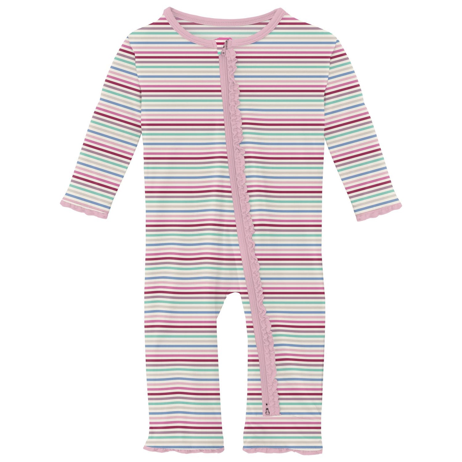 Print Muffin Ruffle Coverall with 2 Way Zipper in Make Believe Stripe