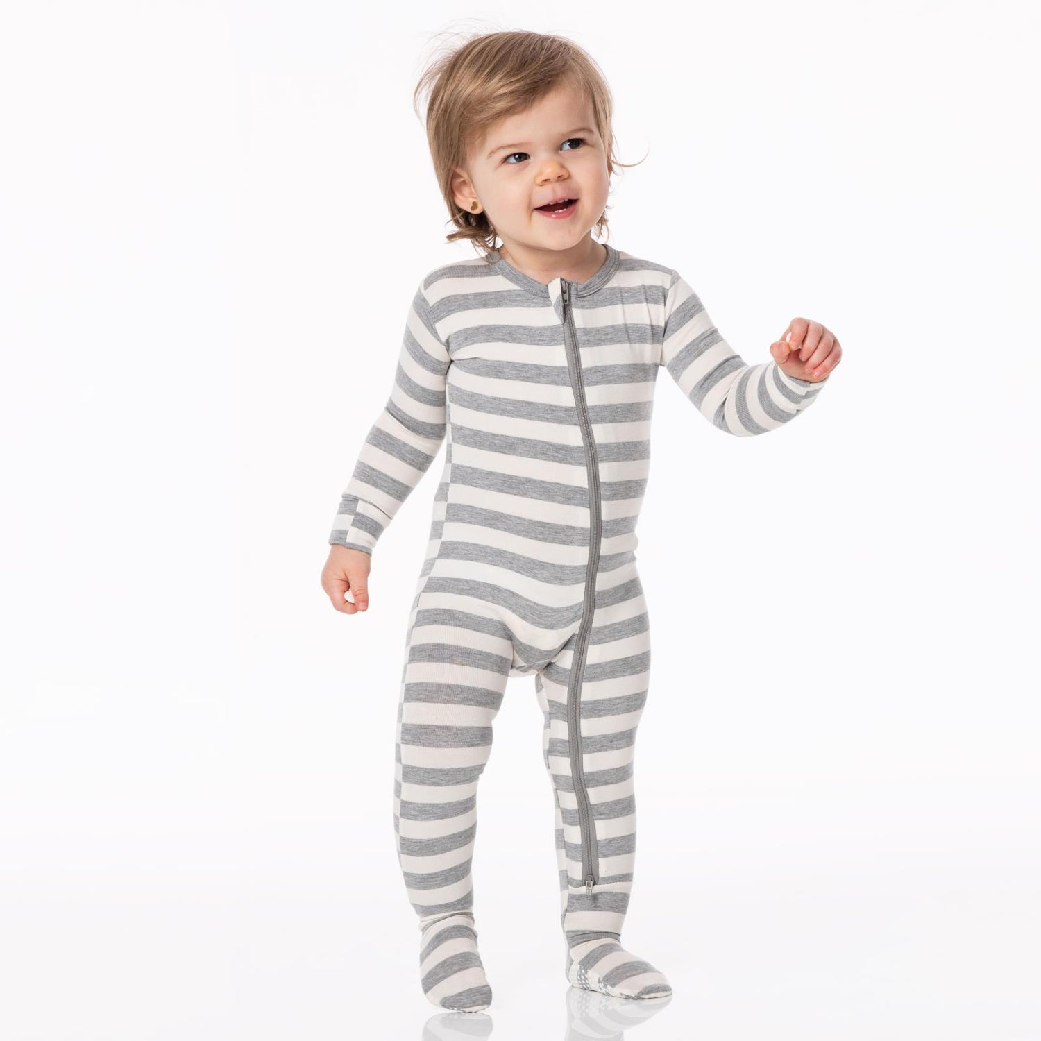 Print Footie with 2 Way Zipper in Heathered Mist Sweet Stripe (246730)