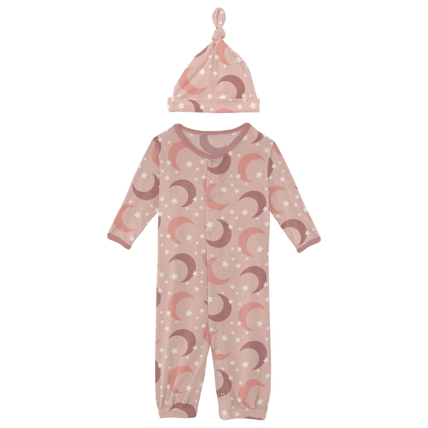 Print Layette Gown Converter & Single Knot Hat Set in Peach Blossom Moon and Stars