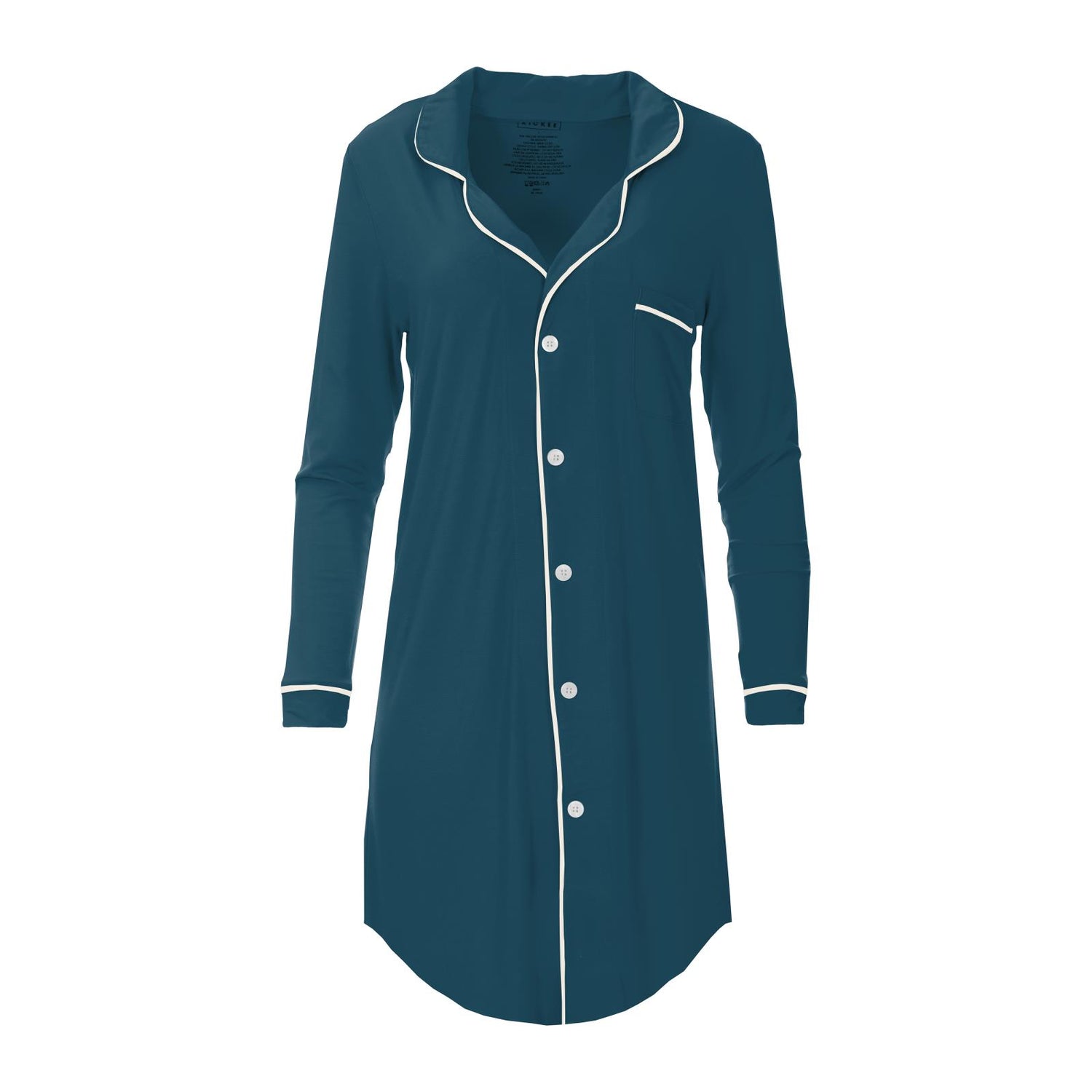 Women's Long Sleeve Button Down Nightshirt in Peacock with Natural