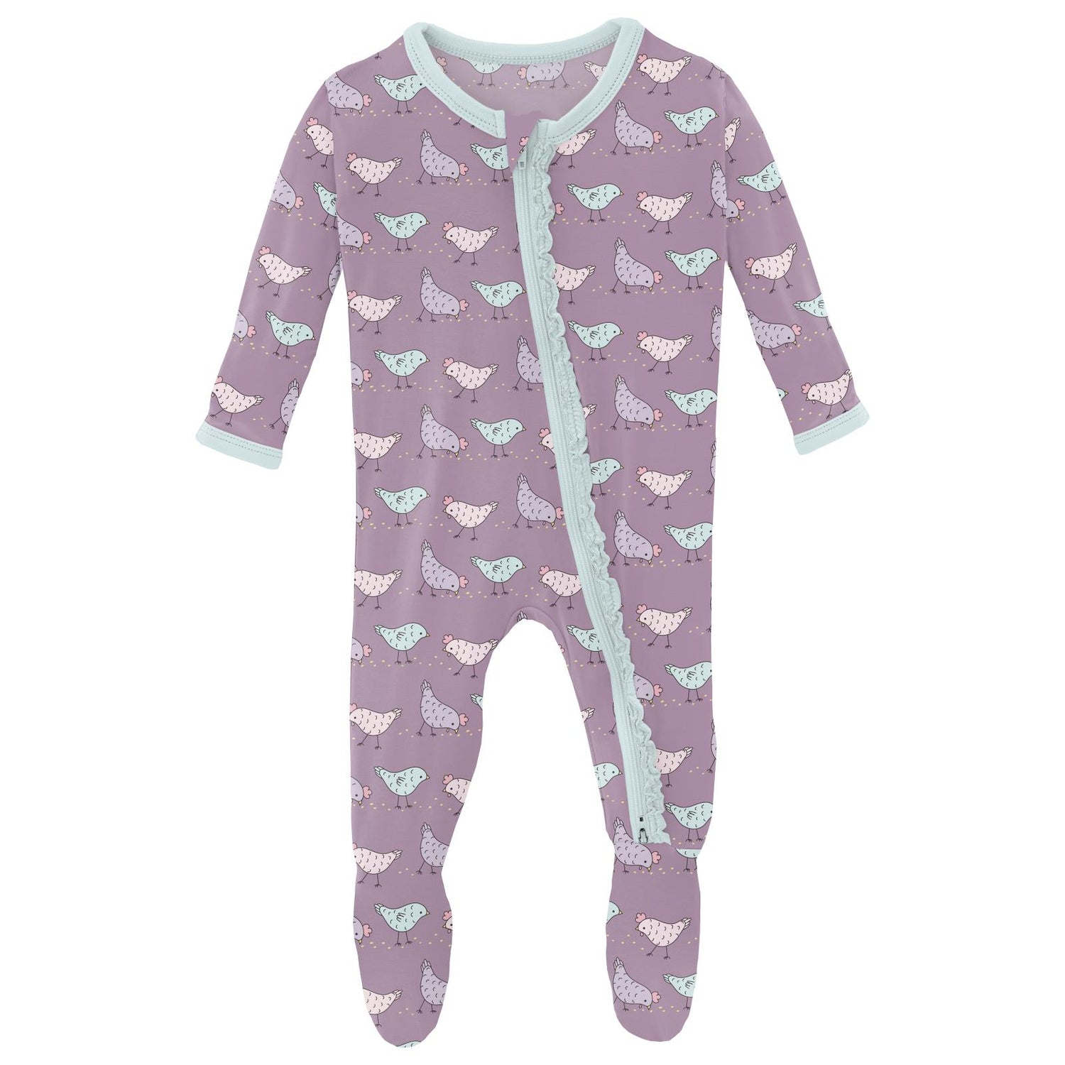 Print Muffin Ruffle Footie with 2 Way Zipper in Lavender Chickens (313229)