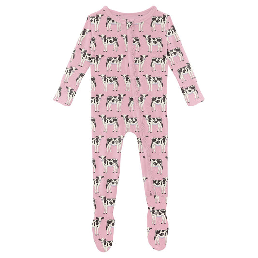 Print Muffin Ruffle Footie with 2 Way Zipper in Cake Pop Cows (313240)