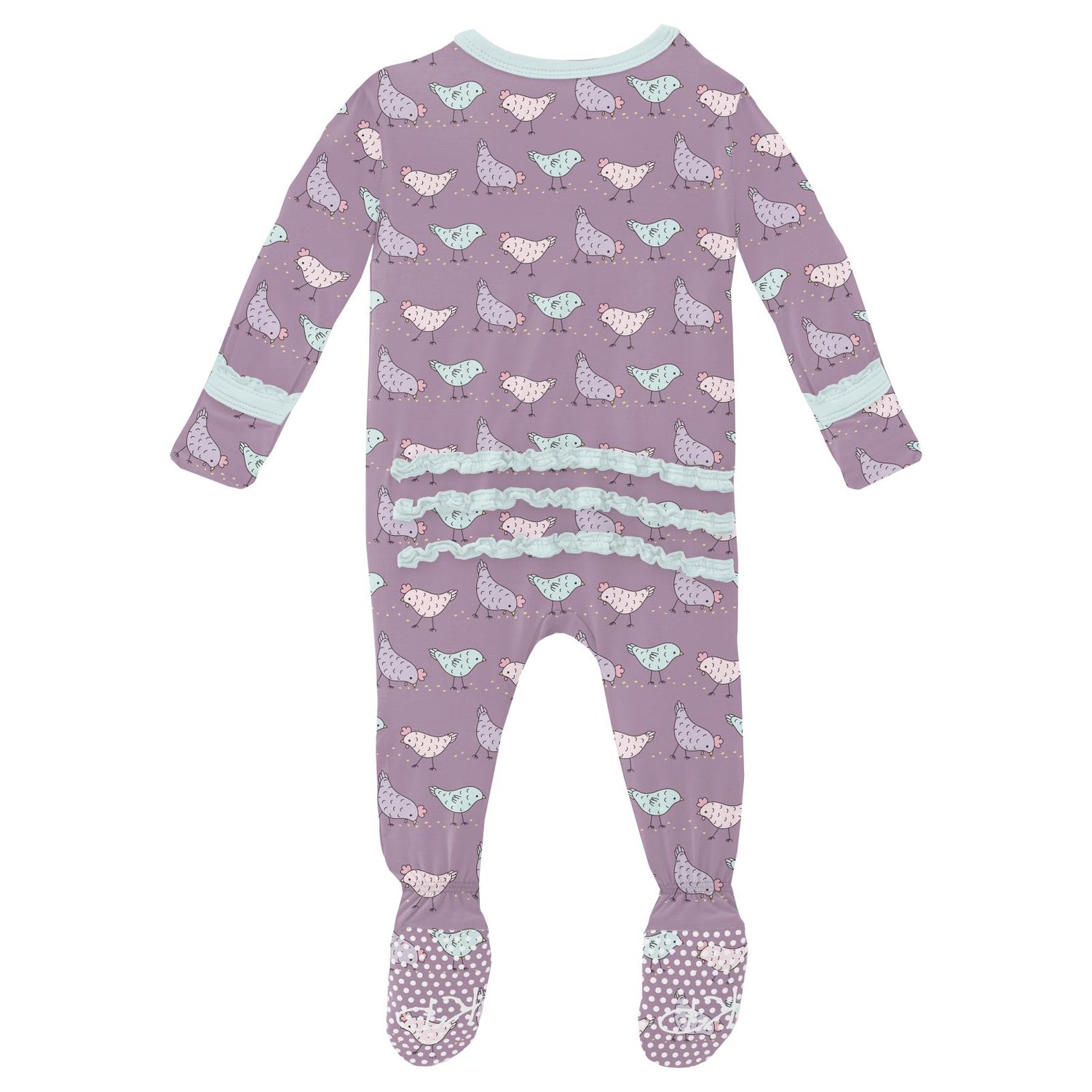 Print Muffin Ruffle Footie with 2 Way Zipper in Lavender Chickens (313540)