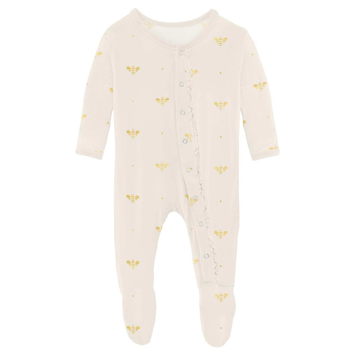 Print Muffin Ruffle Footie with Snaps in Gold Bees (313538)