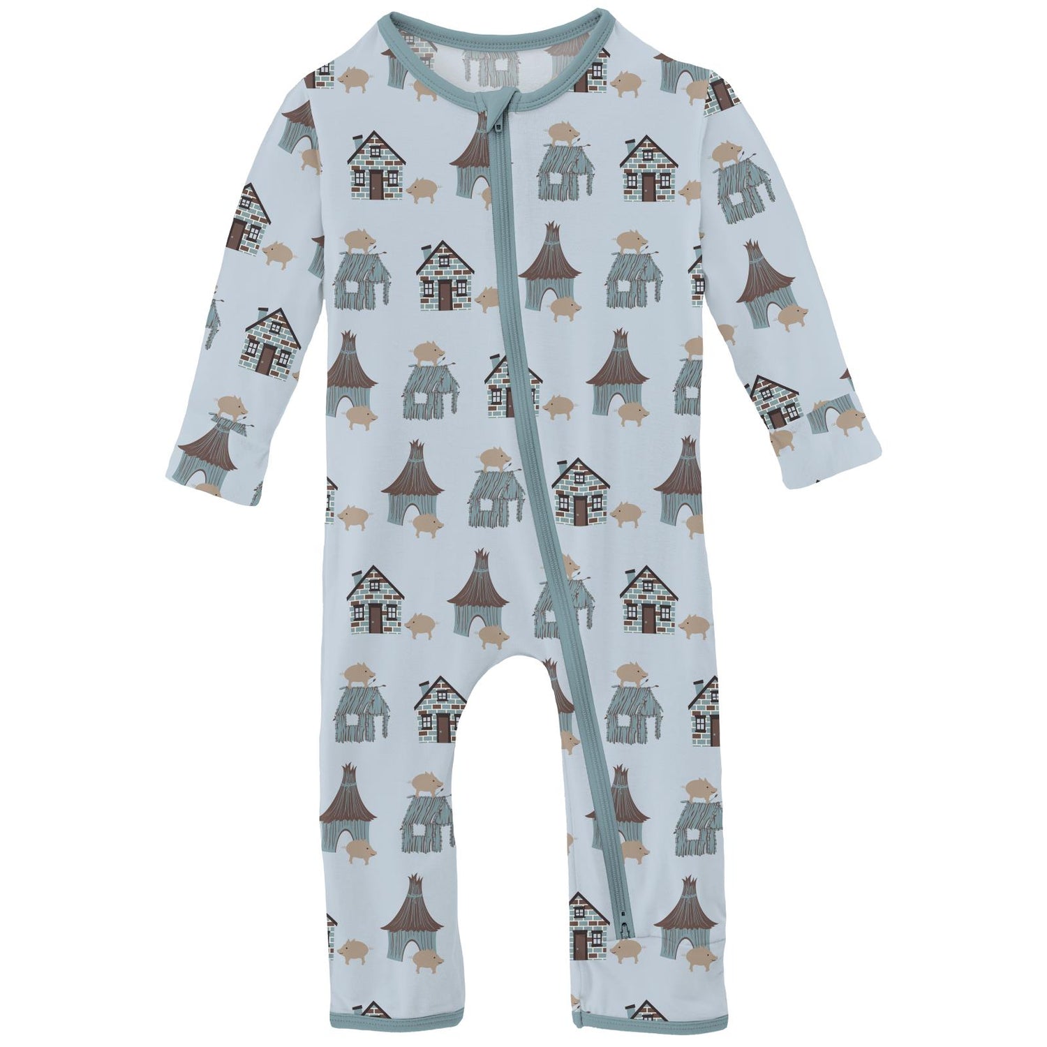 Print Coverall with 2 Way Zipper in Illusion Blue Three Little Pigs