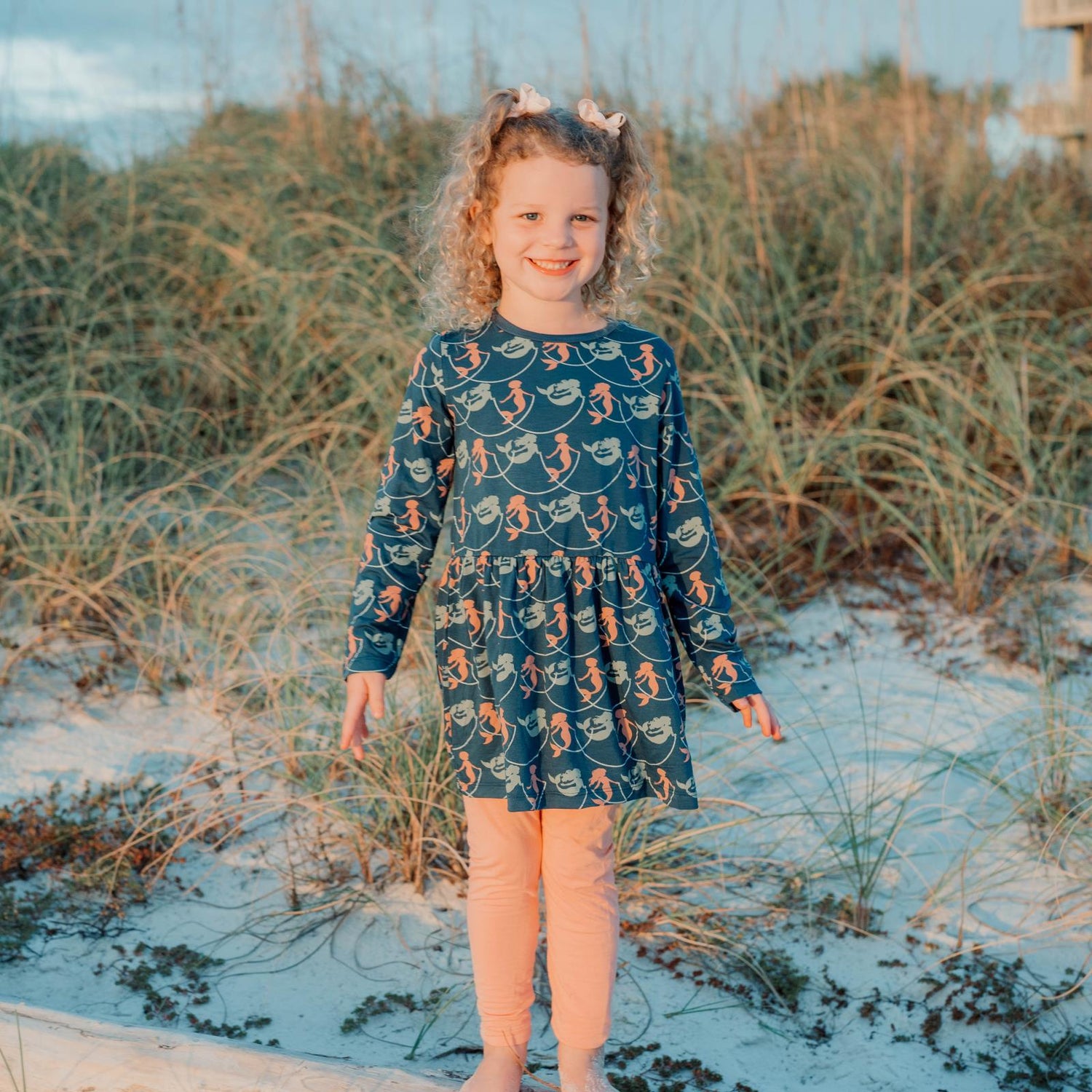 Print Long Sleeve Playtime Outfit Set in Peacock Mermaids & Pearls (309004)