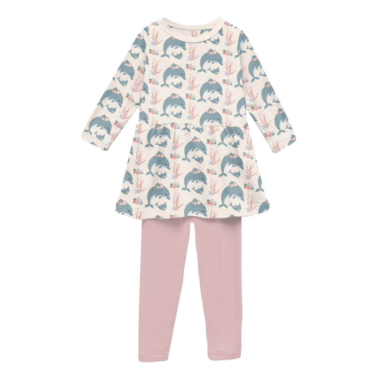 Print Long Sleeve Playtime Outfit Set in Natural Dolphins