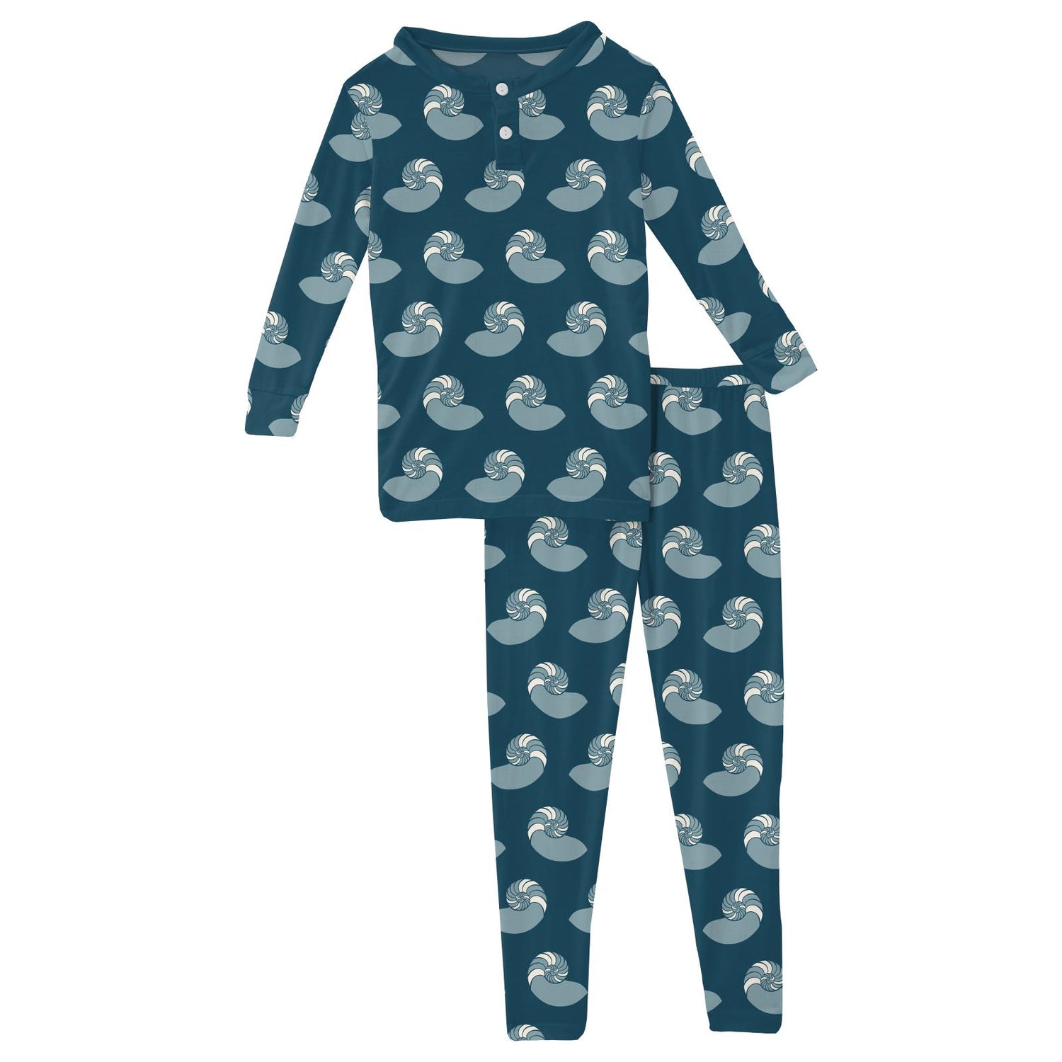 Print Long Sleeve Henley Pajama Set in Peacock Nautilus