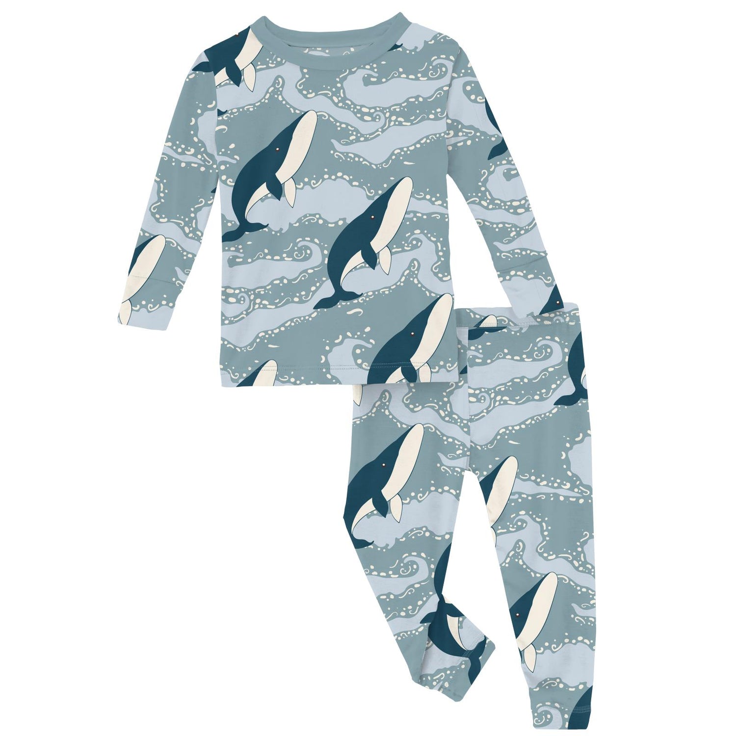 Print Long Sleeve Pajama Set in Stormy Sea Splashing Whales