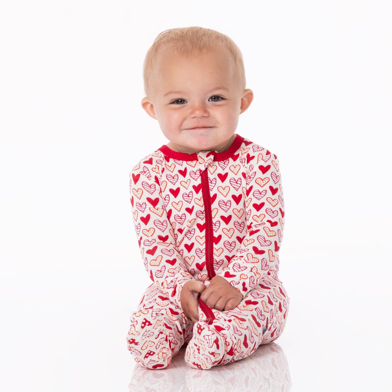 Print Footie with 2 Way Zipper in Natural Heart Doodles (359590)