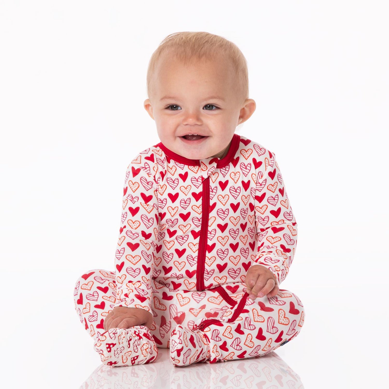 Print Footie with 2 Way Zipper in Natural Heart Doodles (359591)