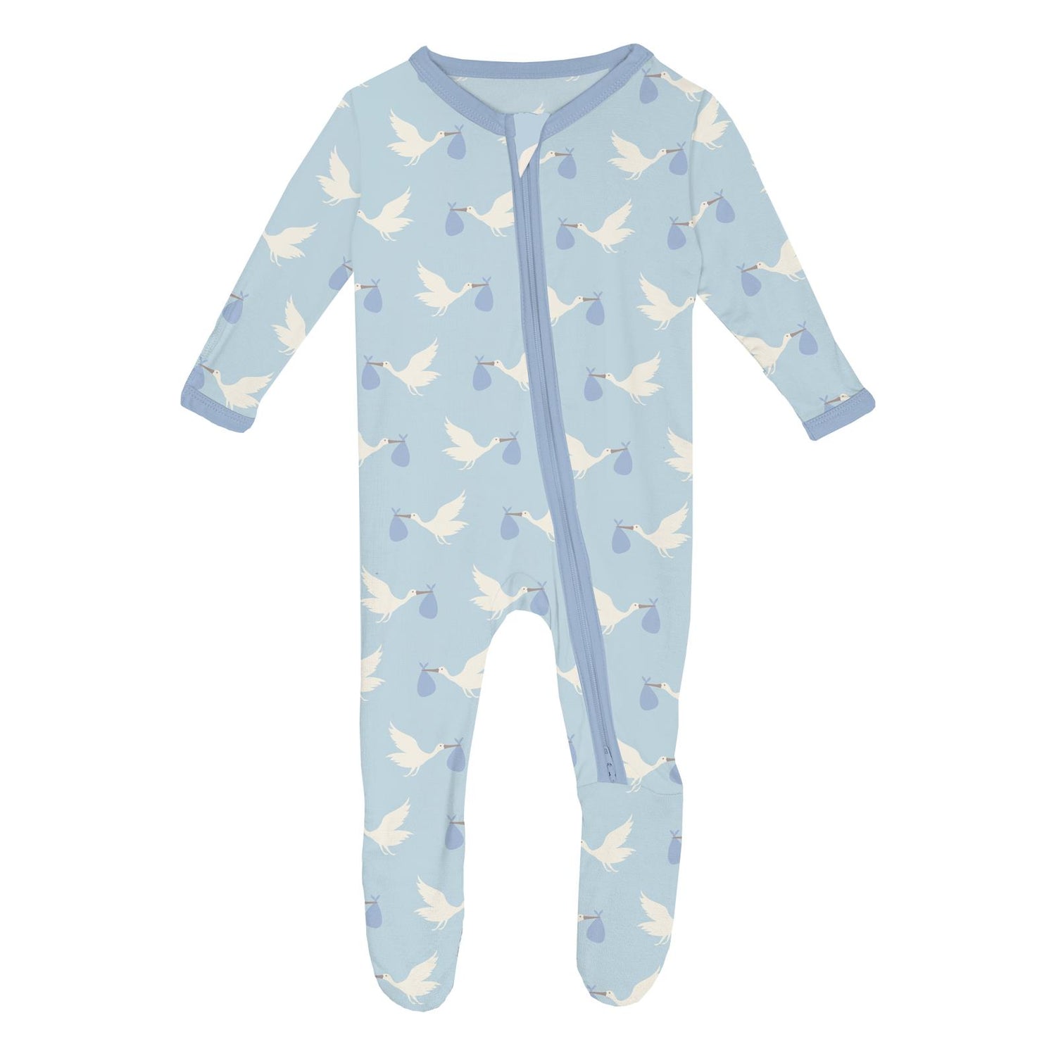 Print Footie with 2 Way Zipper in Spring Sky Stork