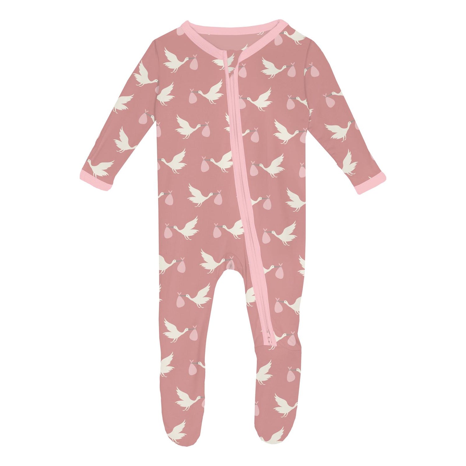 Print Footie with 2 Way Zipper in Blush Stork