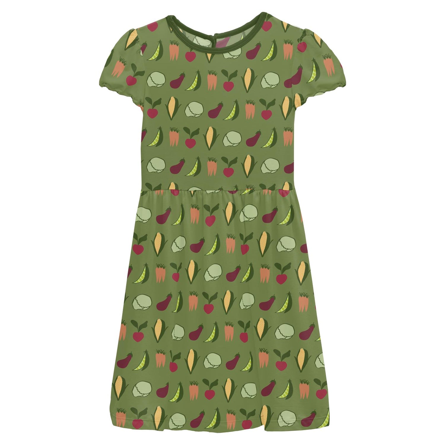 Print Flutter Sleeve Twirl Dress with Pockets in Grasshopper Garden Veggies (357833)