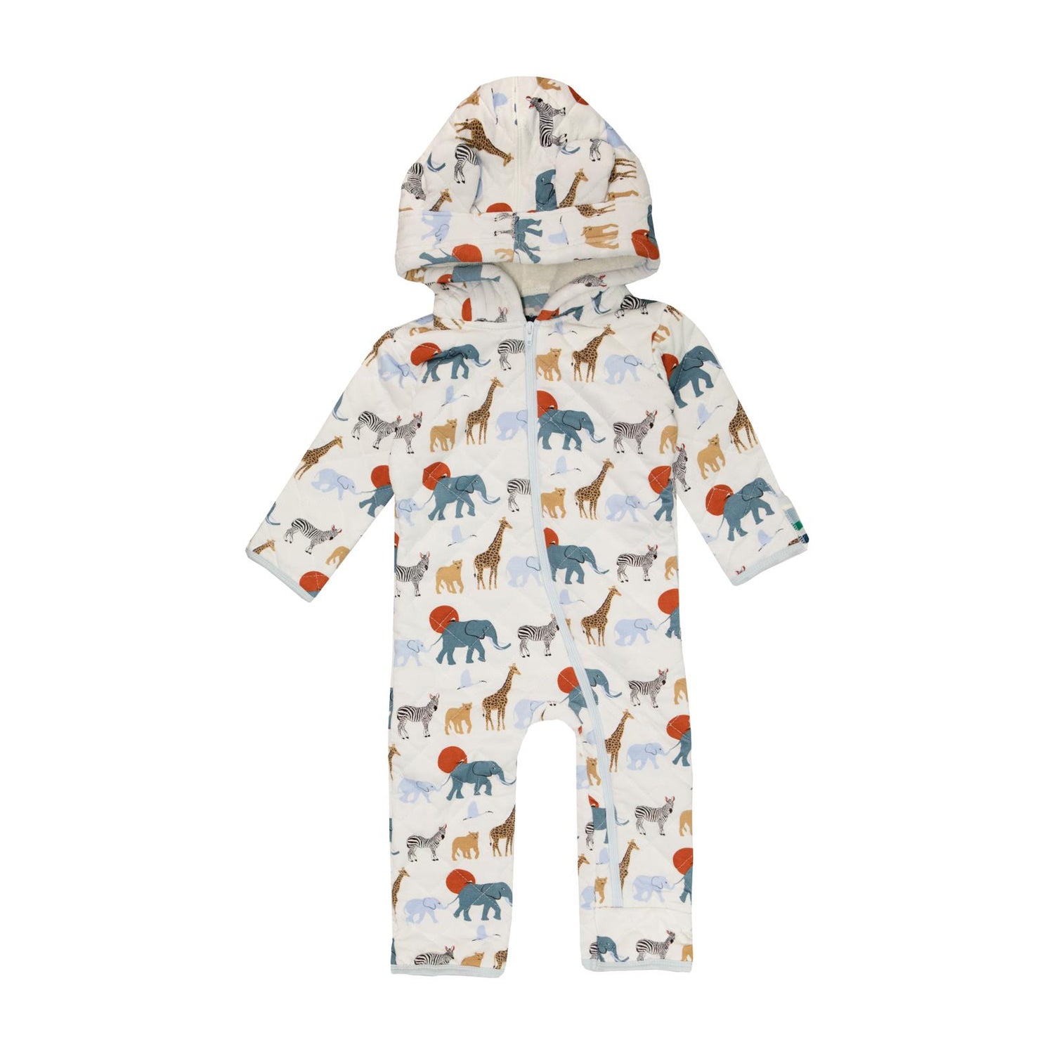 Print Quilted Hoodie Coverall with Sherpa-Lined Hood and Zipper in Natural Just So Animals/Stormy Sea Stripe