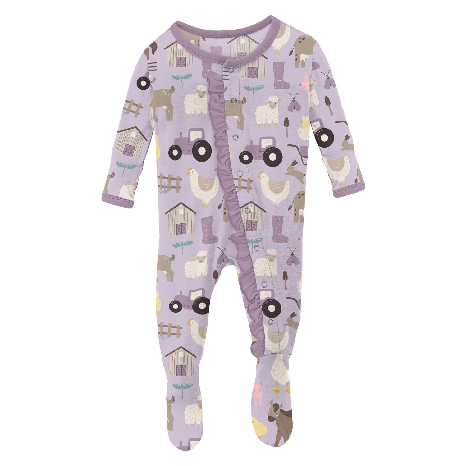 Print Classic Ruffle Footie with Snaps in Thistle Morning on the Farm (310917)