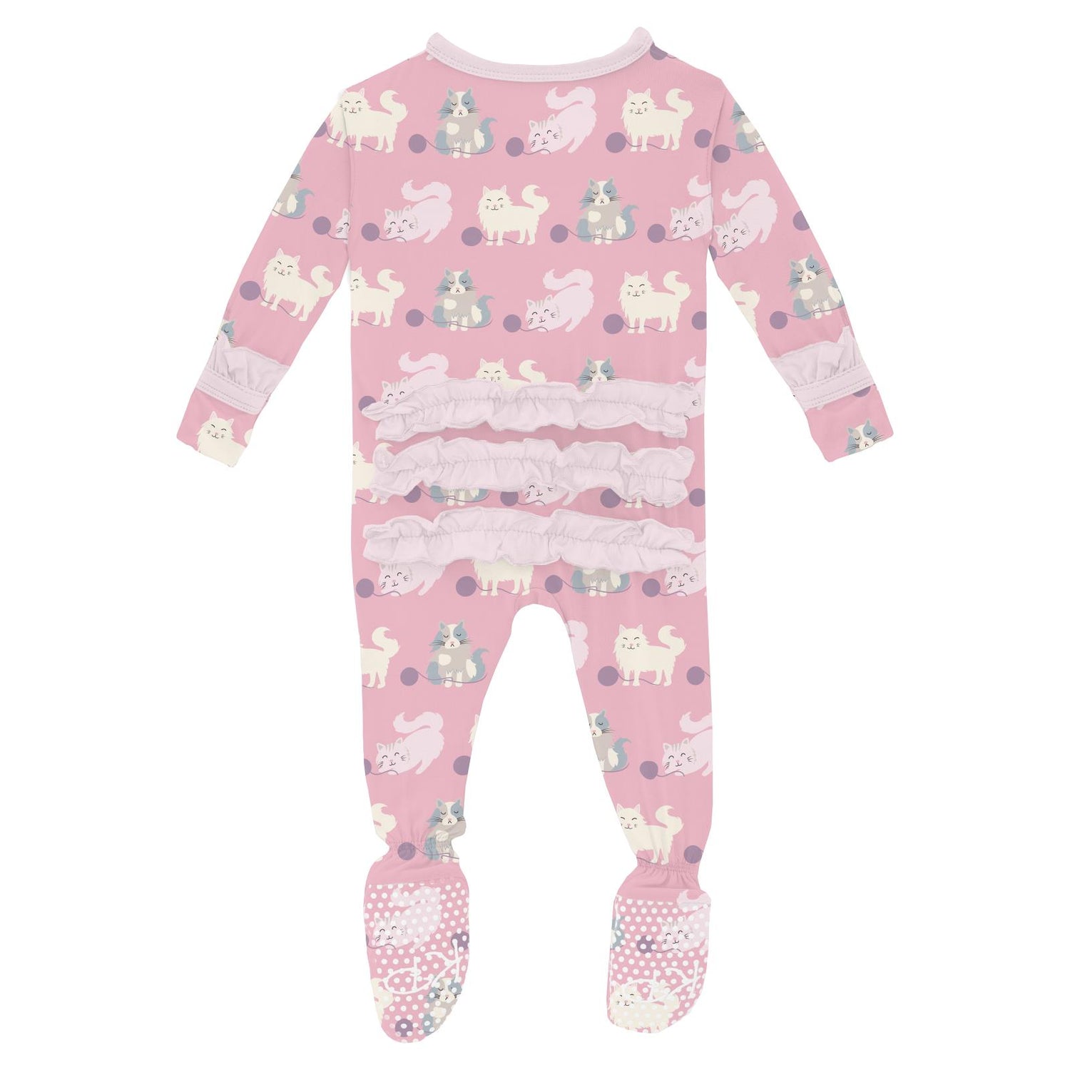 Print Classic Ruffle Footie with Snaps in Cake Pop Cats and Yarn (310935)