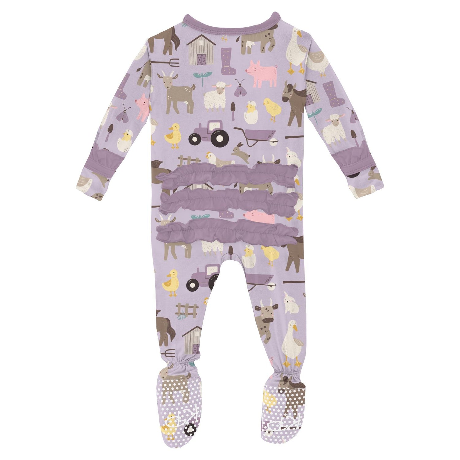 Print Classic Ruffle Footie with Snaps in Thistle Morning on the Farm (310972)