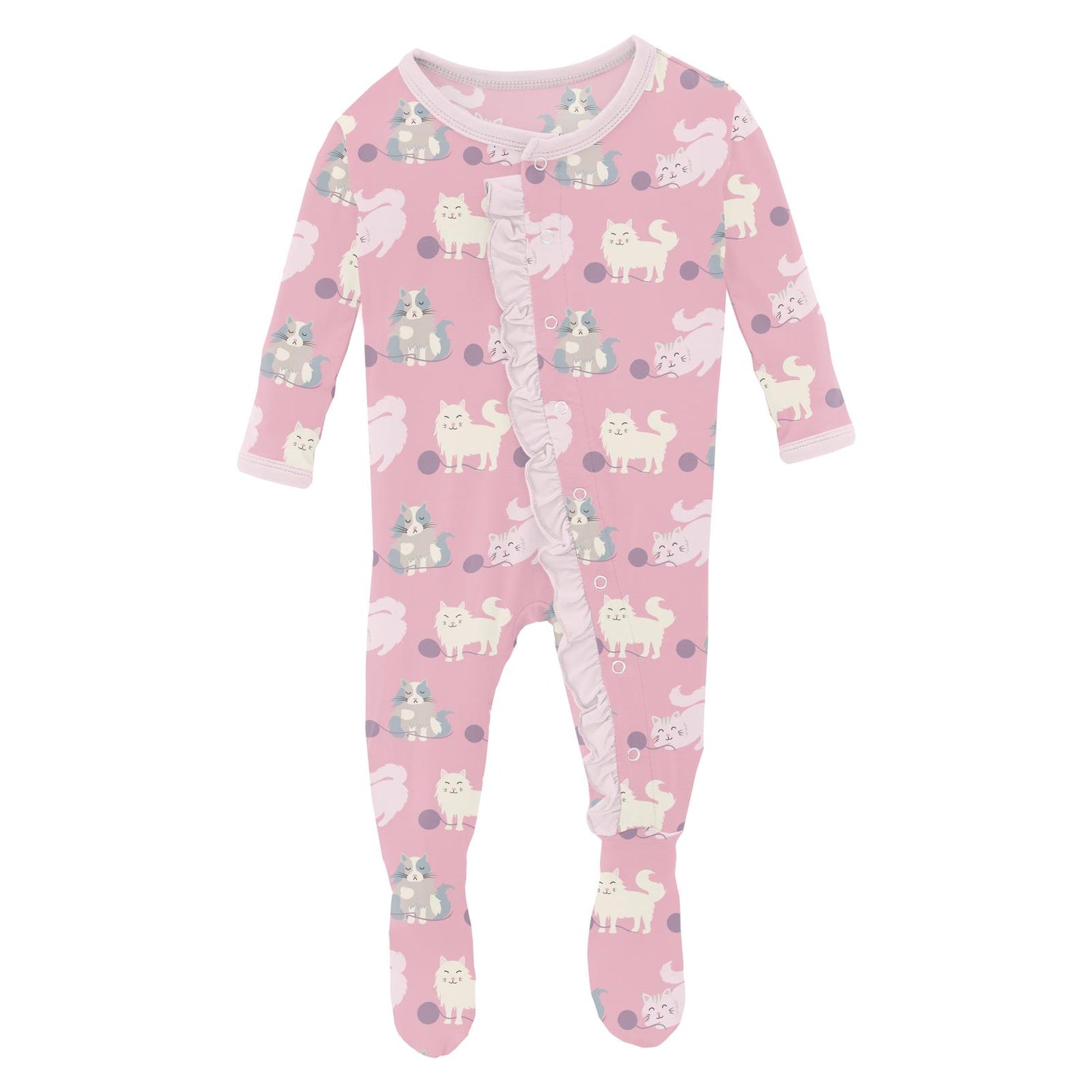 Print Classic Ruffle Footie with Snaps in Cake Pop Cats and Yarn (311006)