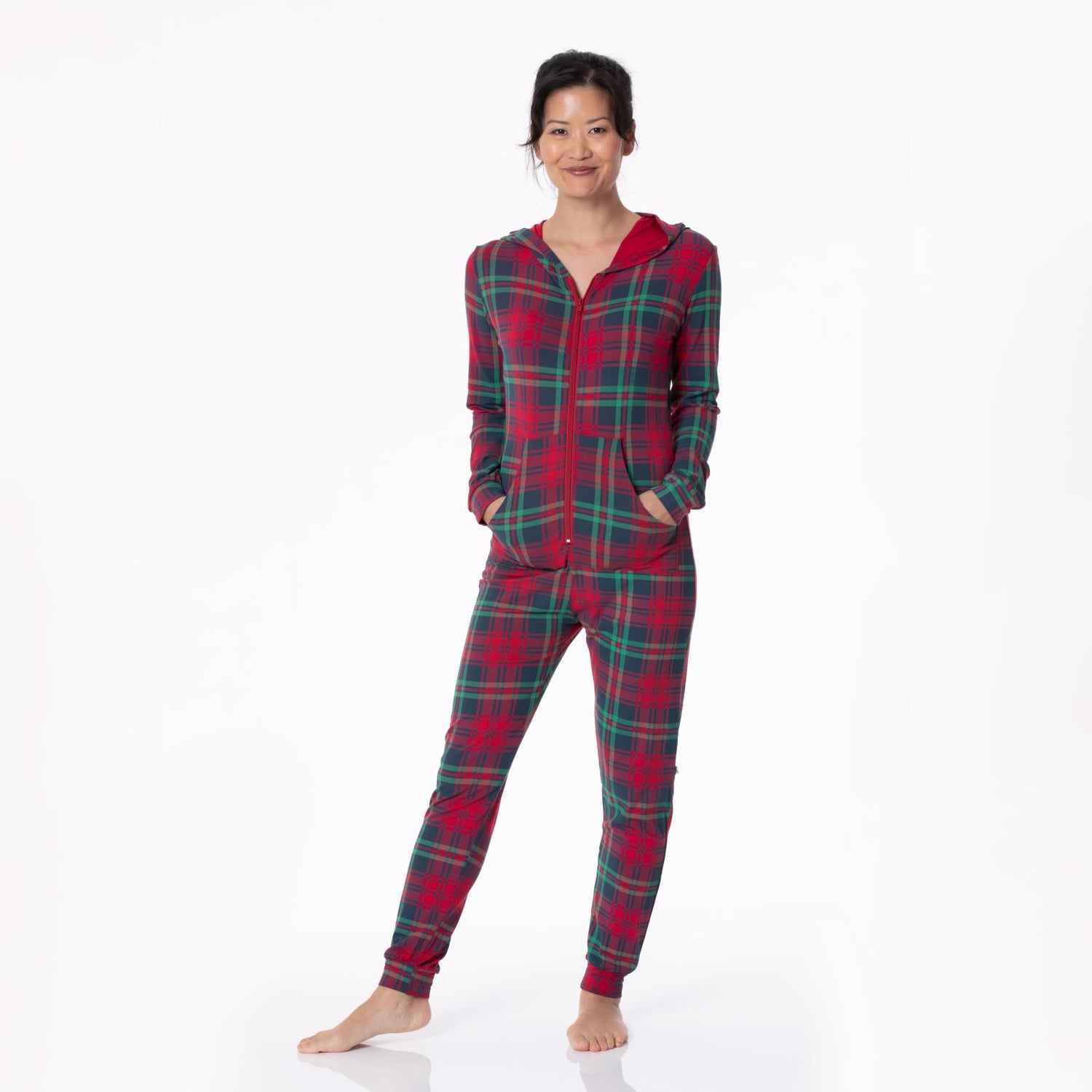 Women's Print Long Sleeve Jumpsuit with Hood in Peacock Plaid (302356)