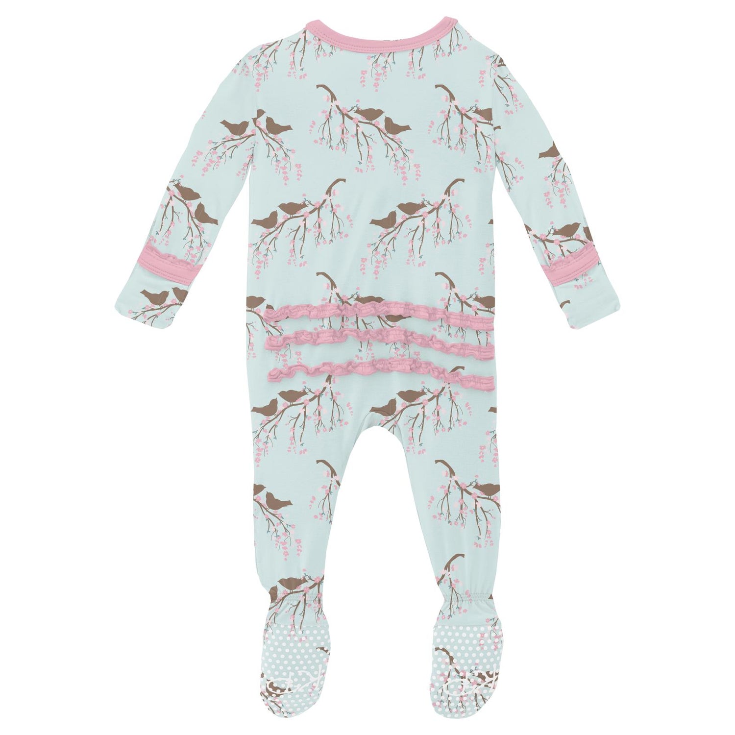 Print Muffin Ruffle Footie with 2 Way Zipper in Fresh Air Bird Branch