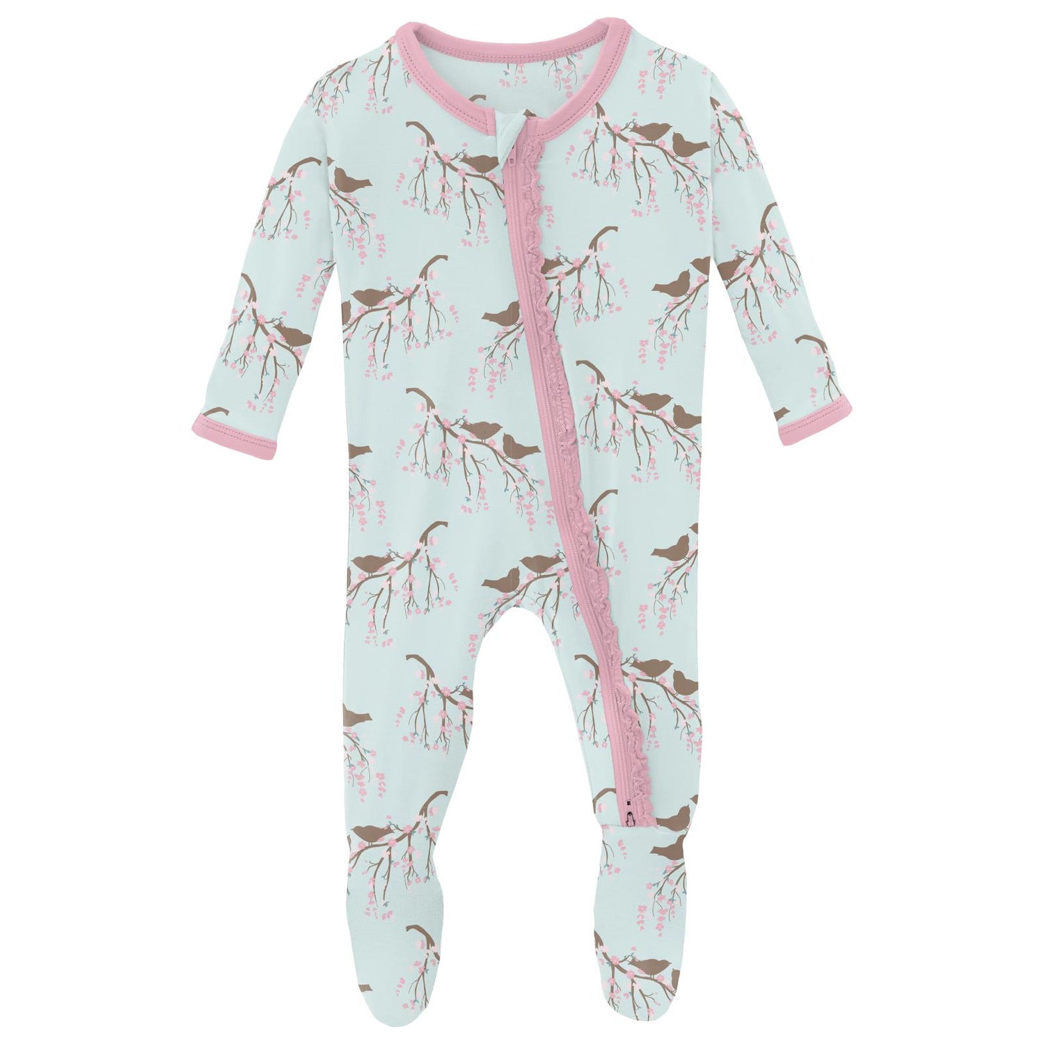 Print Muffin Ruffle Footie with 2 Way Zipper in Fresh Air Bird Branch
