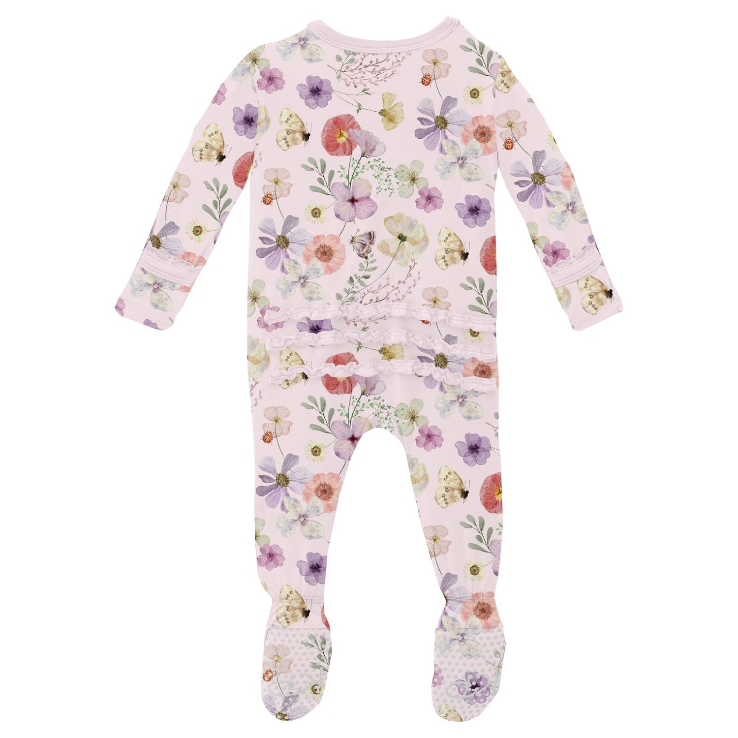 Print Muffin Ruffle Footie with Snaps in Shrinking Violet Pressed Flowers (320483)