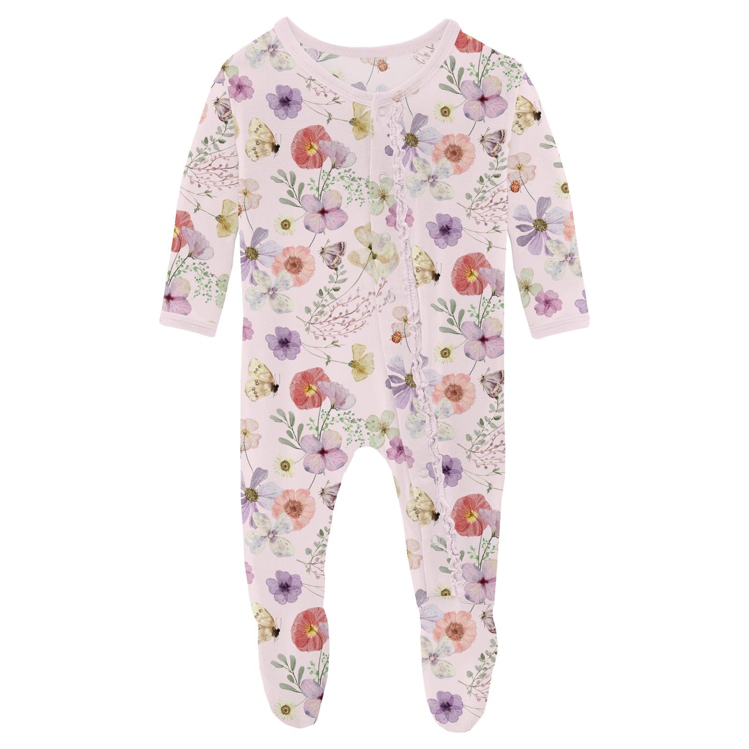 Print Muffin Ruffle Footie with Snaps in Shrinking Violet Pressed Flowers (321263)