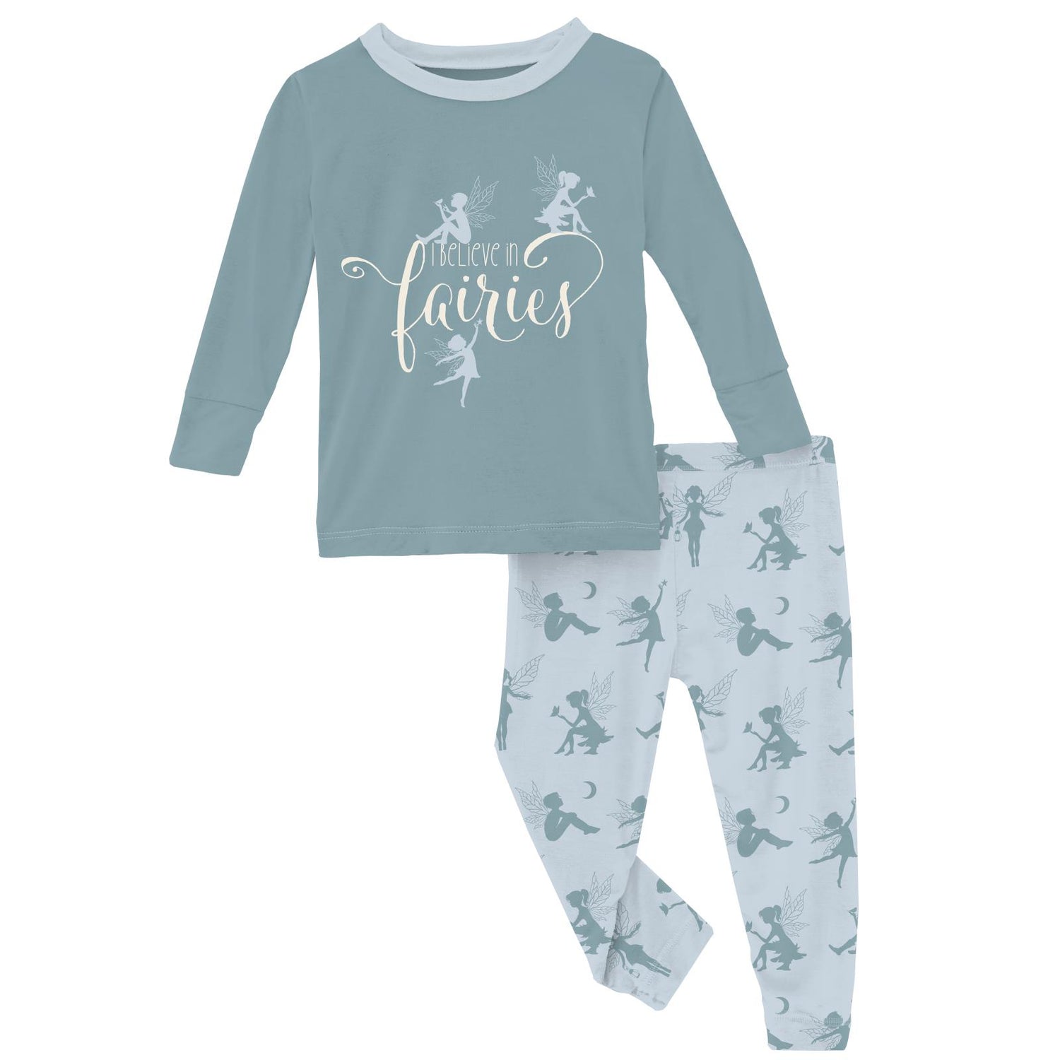 Long Sleeve Graphic Tee Pajama Set in Illusion Blue Forest Fairies