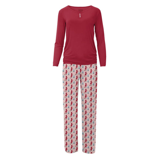 Women's Print Long Sleeve Henley Tee & Pajama Pants Set in Baby Rose Little Red Let's Be Friends