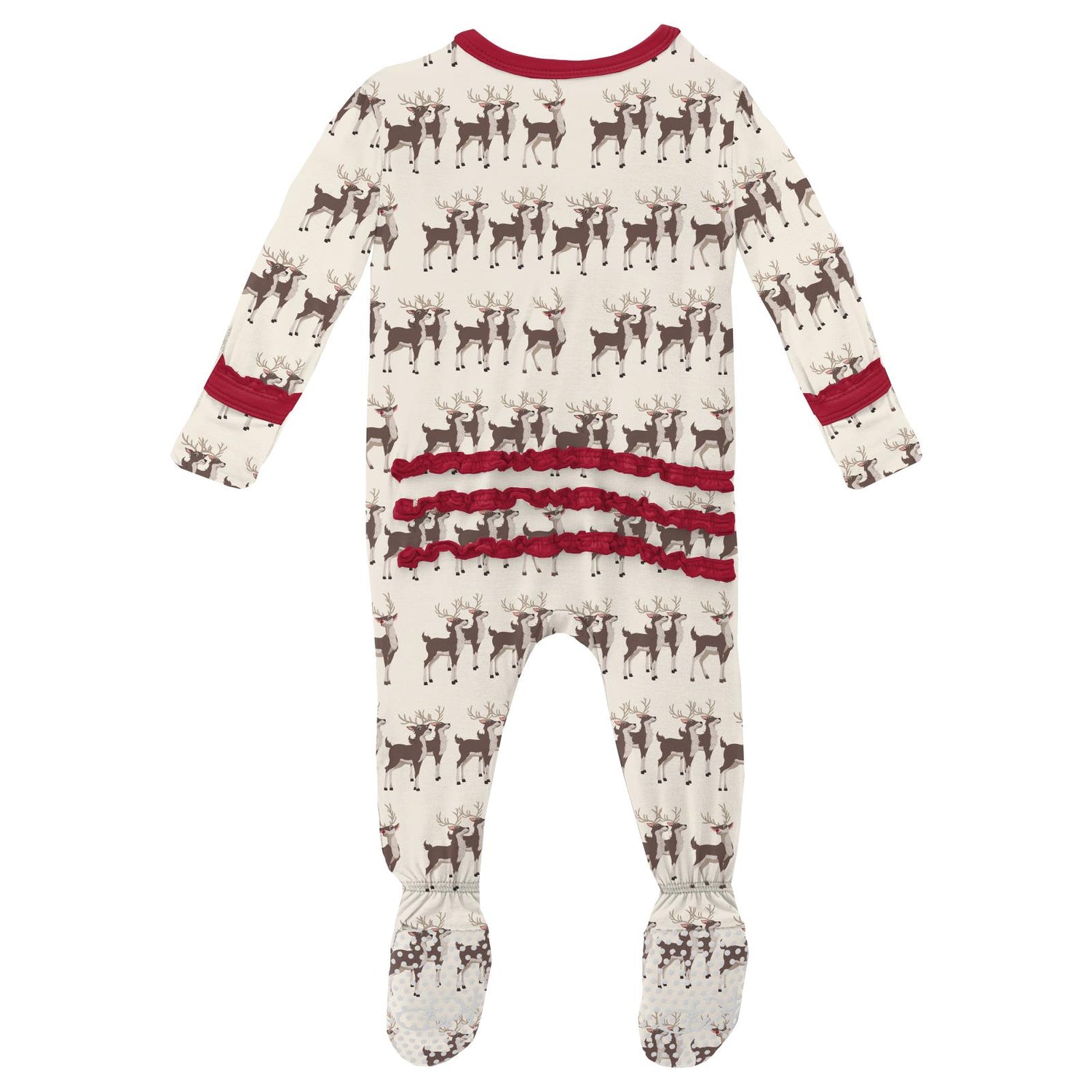 Print Muffin Ruffle Footie with 2 Way Zipper in Natural Rudolph