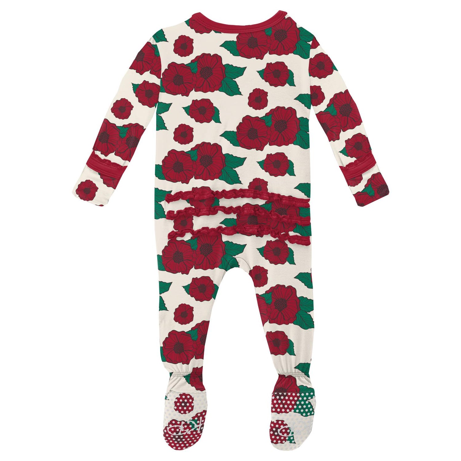 Print Muffin Ruffle Footie with 2 Way Zipper in Holiday Poppies