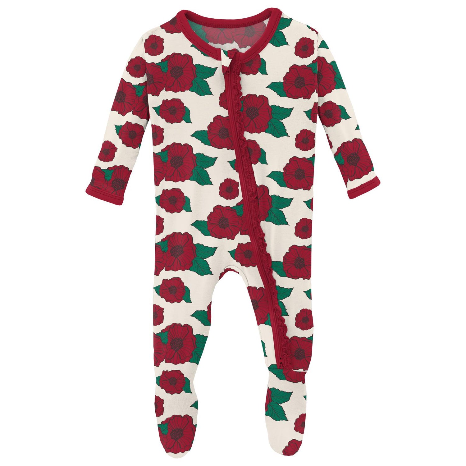 Print Muffin Ruffle Footie with 2 Way Zipper in Holiday Poppies