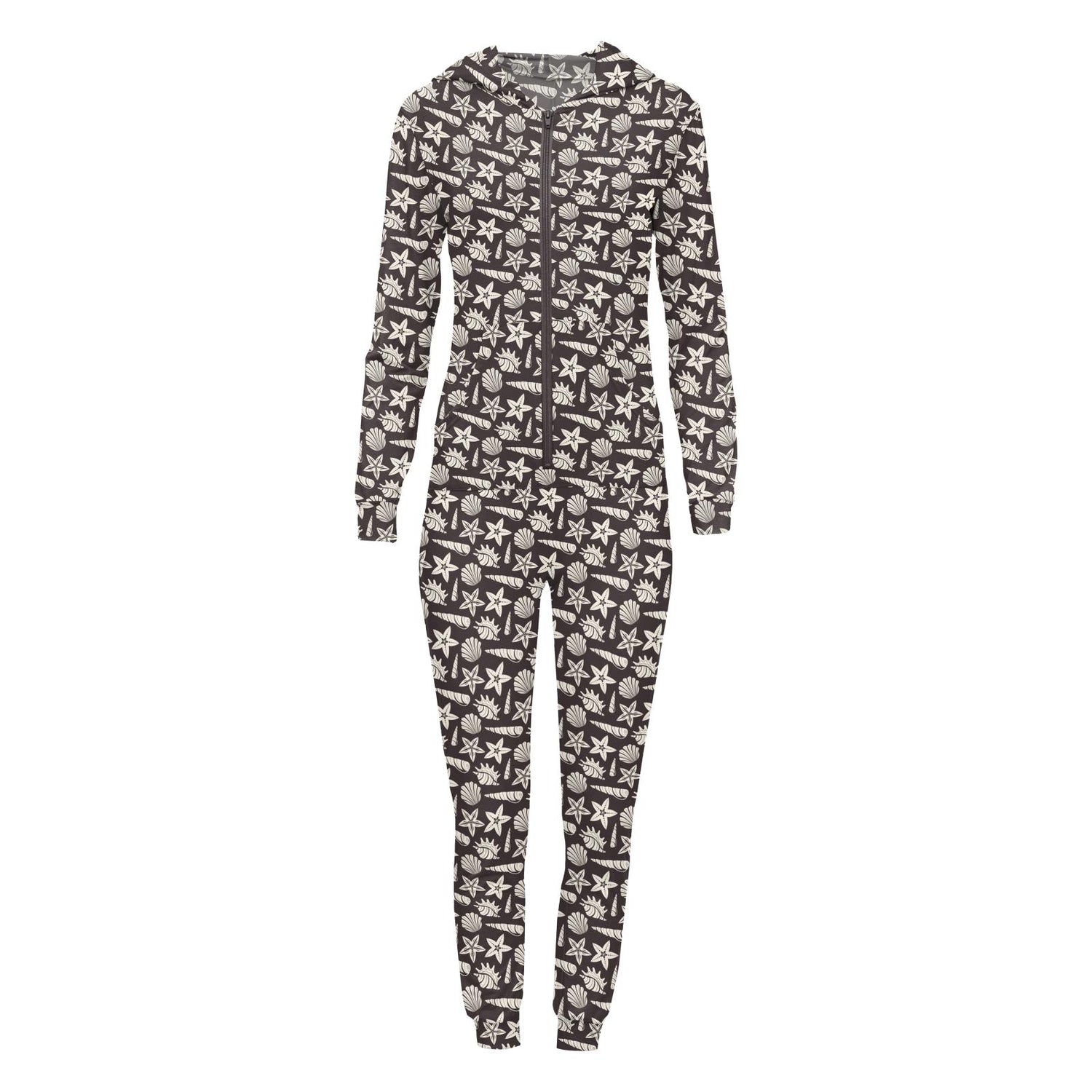 Women's Print Long Sleeve Jumpsuit with Hood in Midnight Shells & Starfish