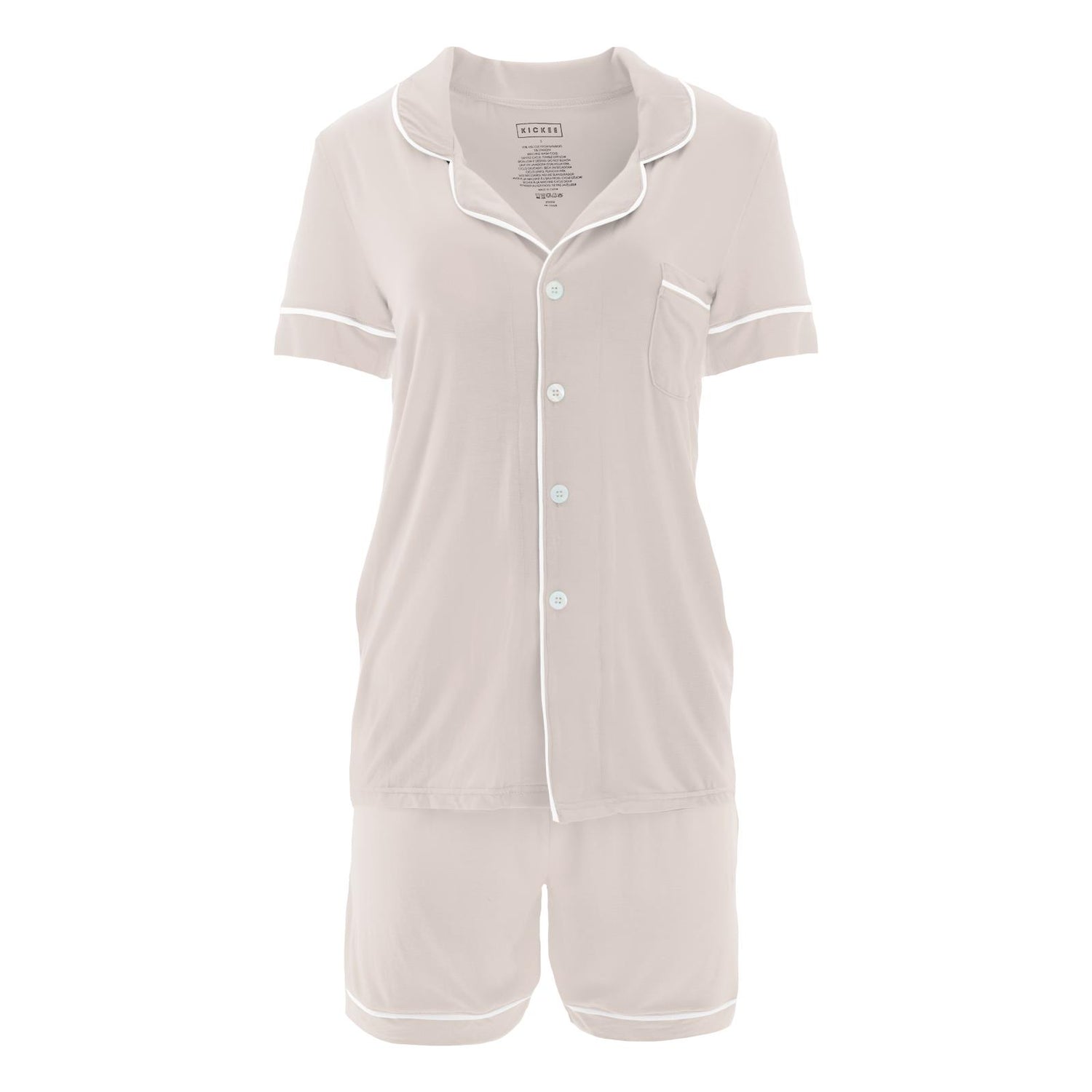 Women's Short Sleeve Collared Pajama Set with Shorts in Latte with Natural