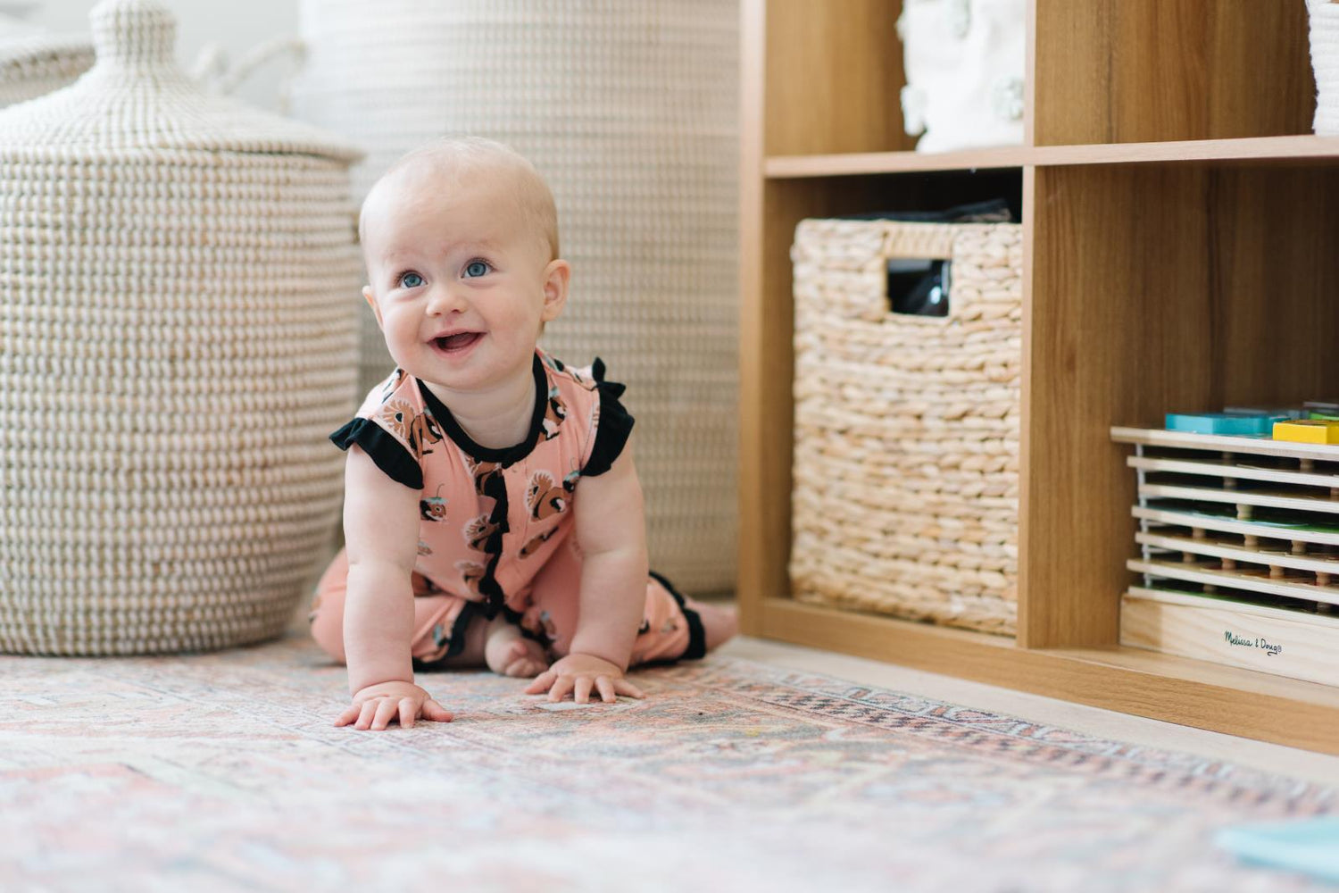 Print Ruffle Tank Romper in Blush Squirrel with Flower Hat