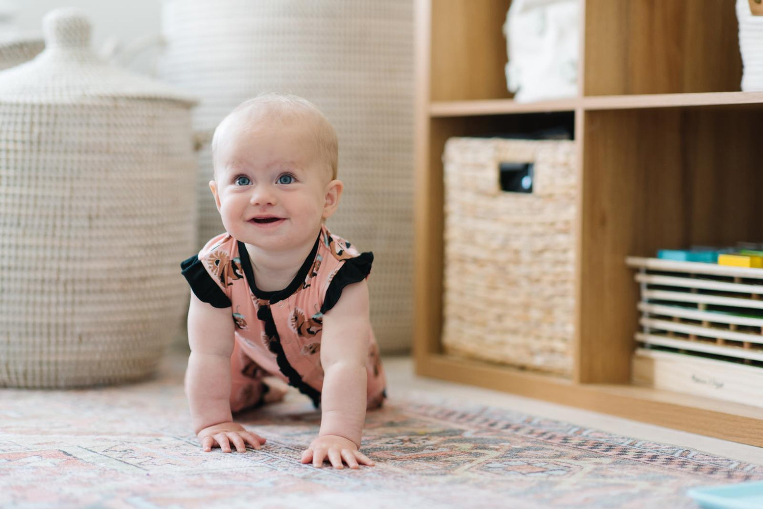 Print Ruffle Tank Romper in Blush Squirrel with Flower Hat