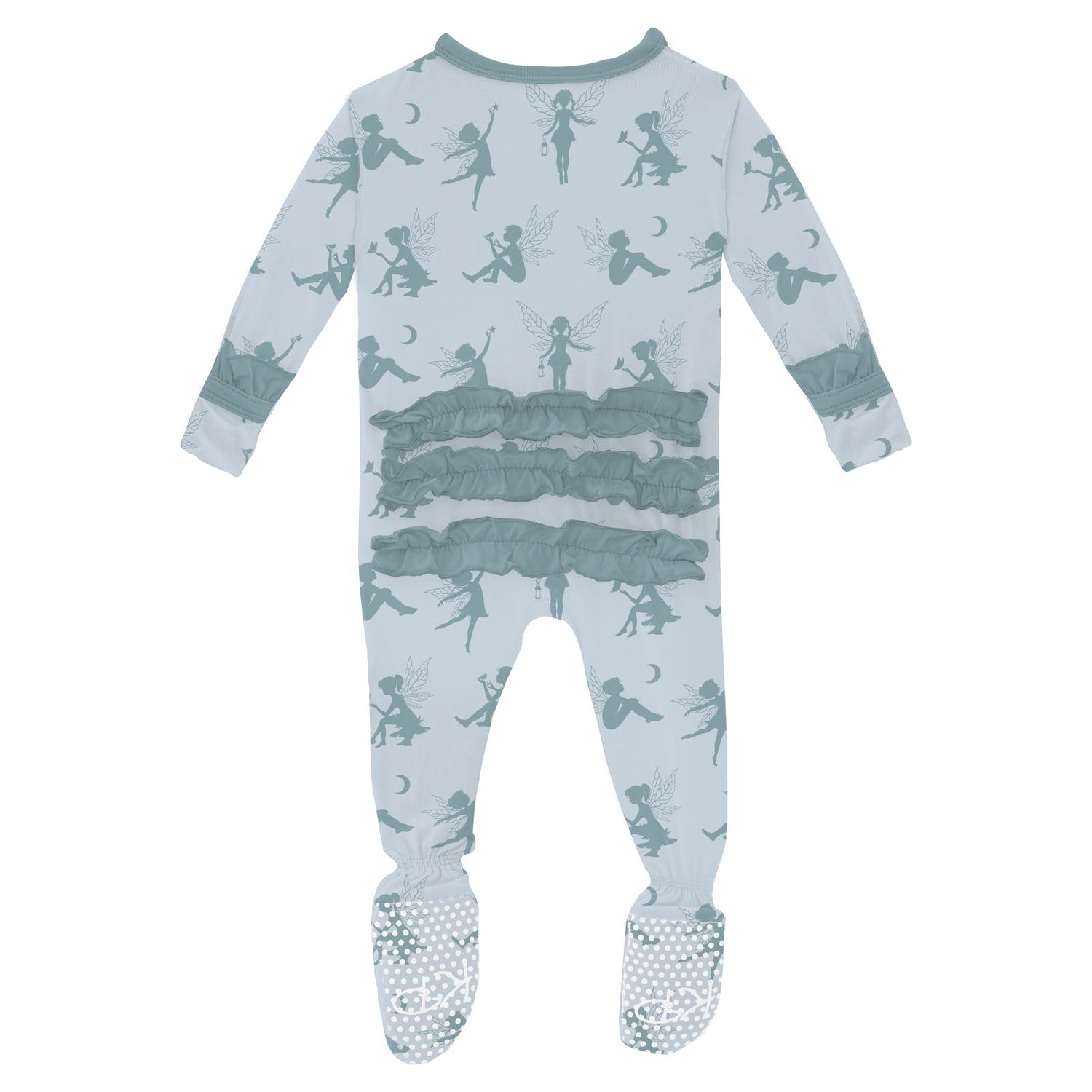 Print Classic Ruffle Footie with Snaps in Illusion Blue Forest Fairies