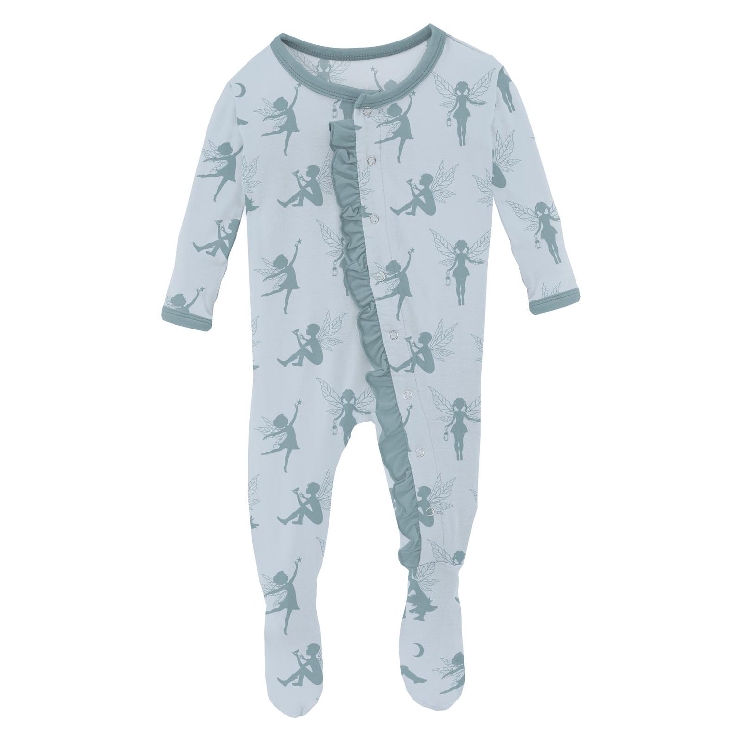 Print Classic Ruffle Footie with Snaps in Illusion Blue Forest Fairies