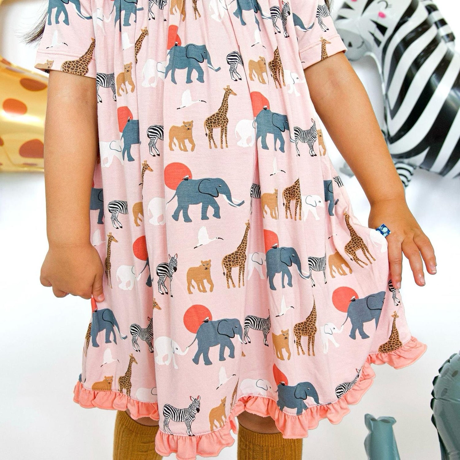 Print Classic Short Sleeve Swing Dress in Baby Rose Just So Animals