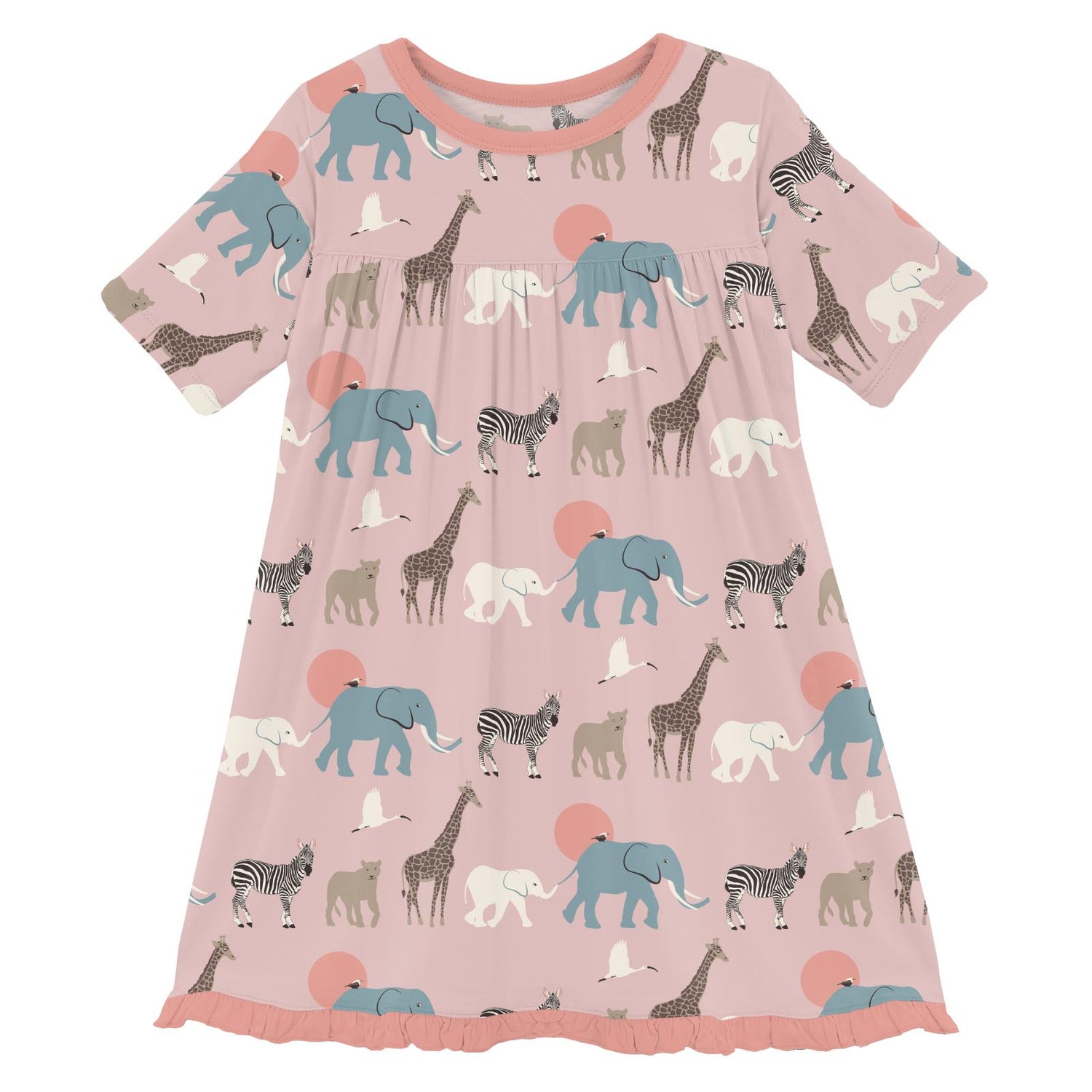 Print Classic Short Sleeve Swing Dress in Baby Rose Just So Animals