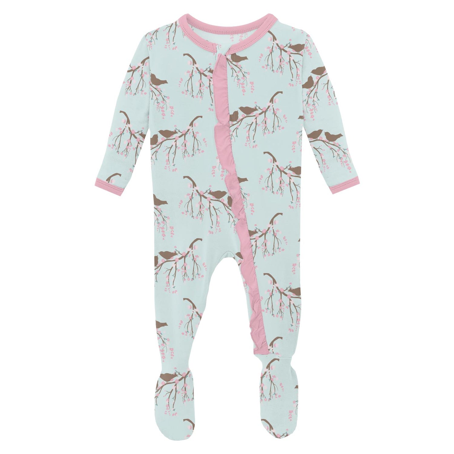 Print Classic Ruffle Footie with 2 Way Zipper in Fresh Air Bird Branch